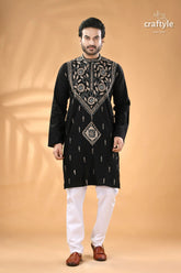 Beige thread work ebony black kantha cotton panjabi for men men’s black embroidered kurta white 1