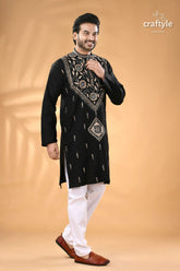 Beige thread work ebony black kantha cotton panjabi for men men’s black embroidered kurta white 3