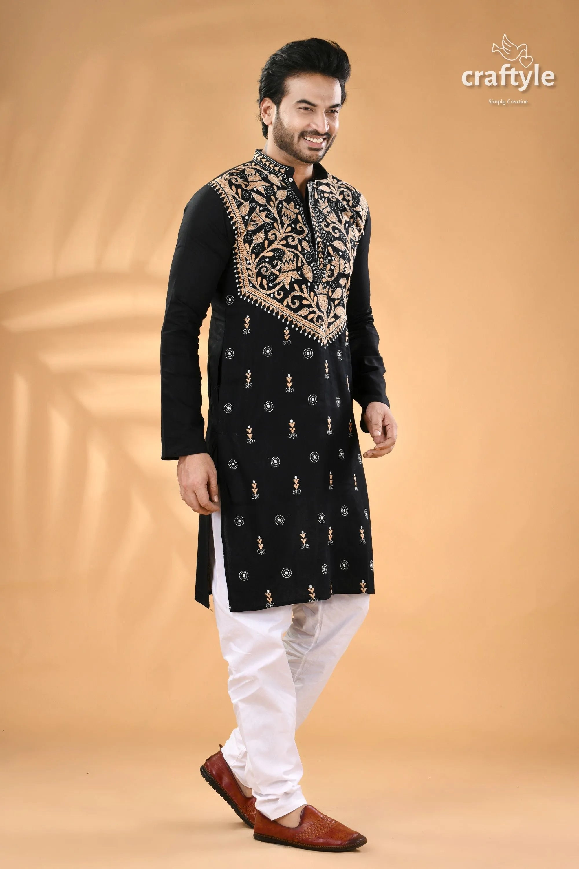 Beige thread work pearl black designer kantha cotton men’s kurta embroidered white 3