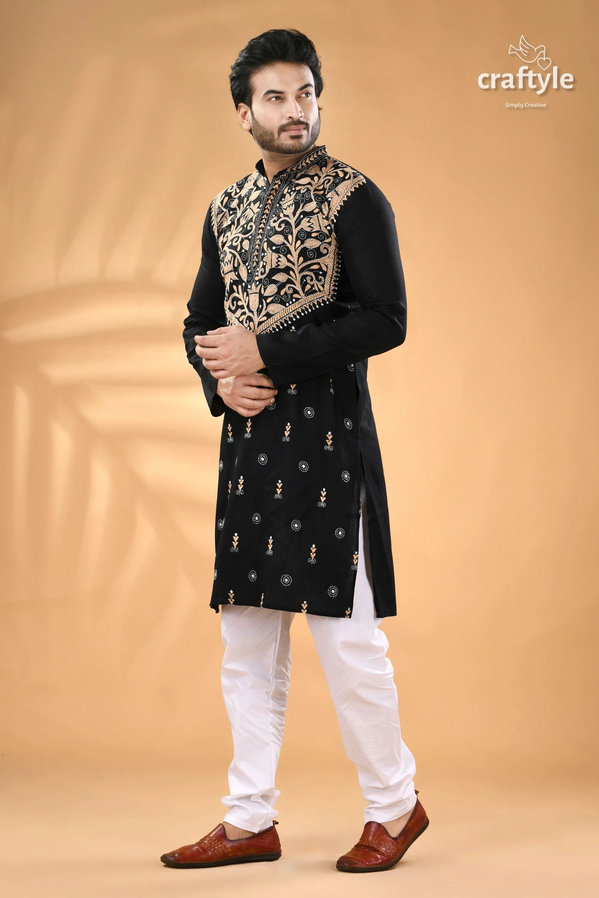 Beige thread work pearl black designer kantha cotton men’s kurta embroidered white 4
