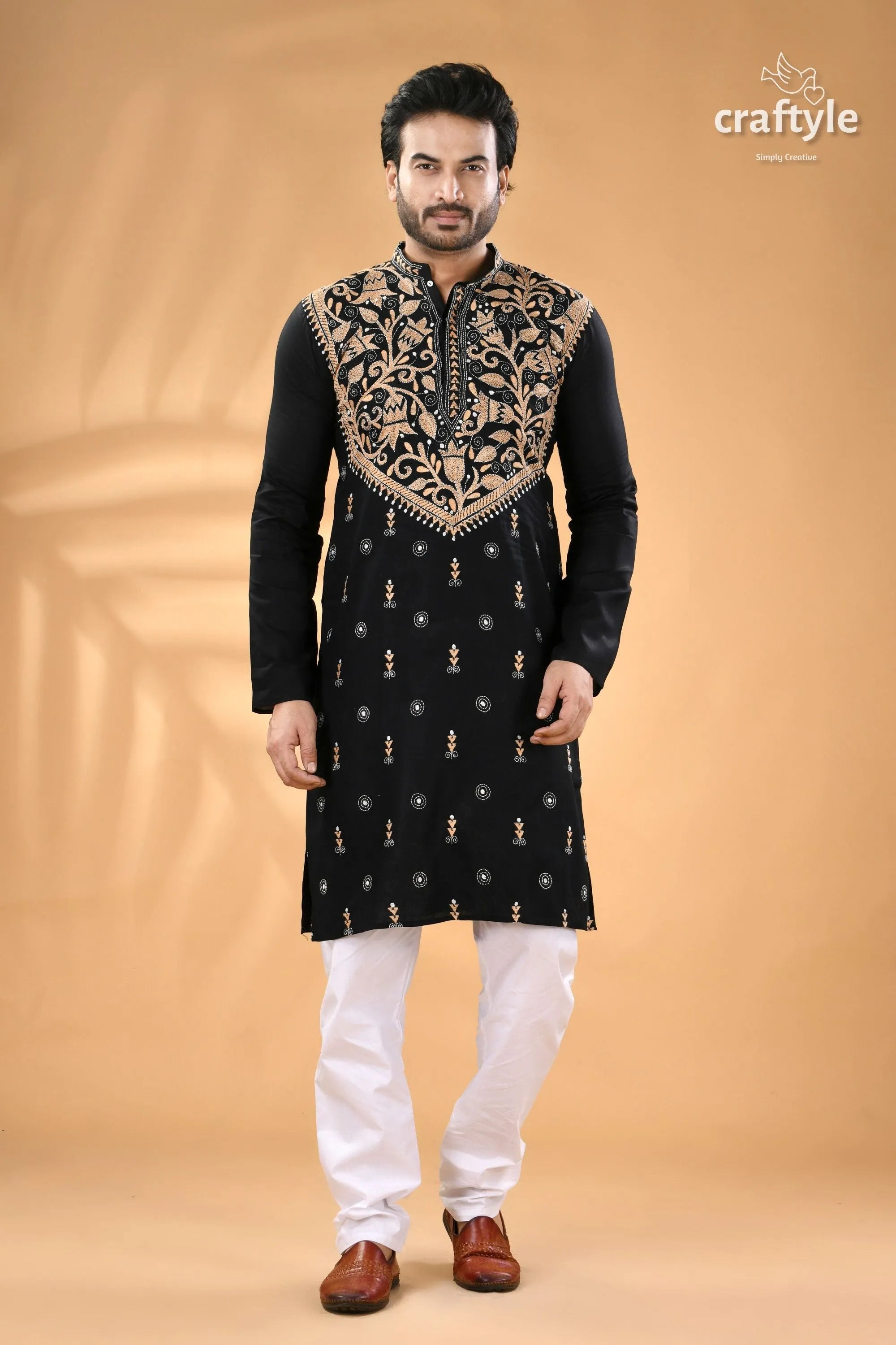 Beige thread work pearl black designer kantha cotton men’s kurta intricate golden embroidery 1