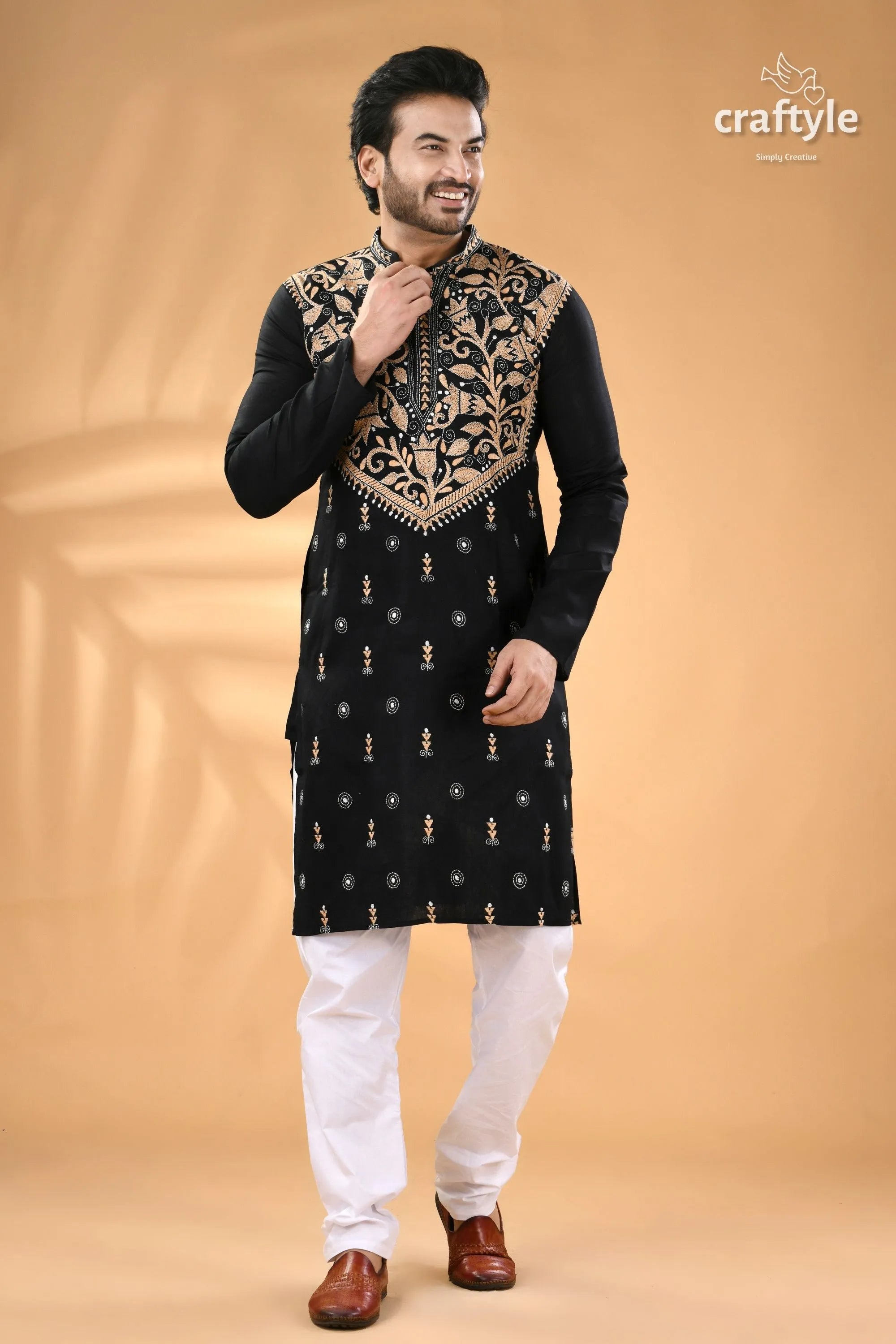 Beige thread work pearl black designer kantha cotton men’s kurta embroidered white 5