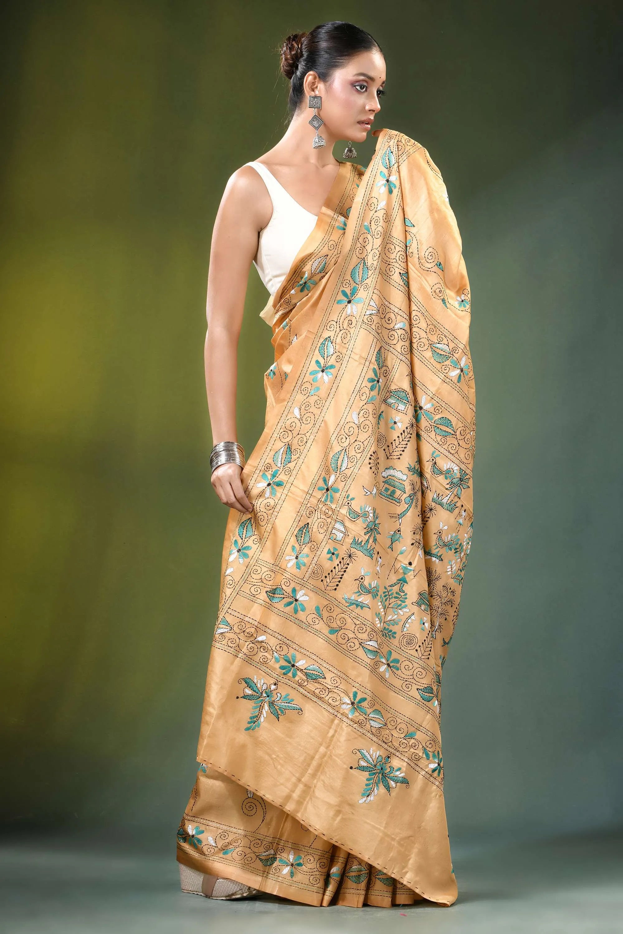 Beige village theme handcrafted silk kantha saree golden-brown intricate green 4