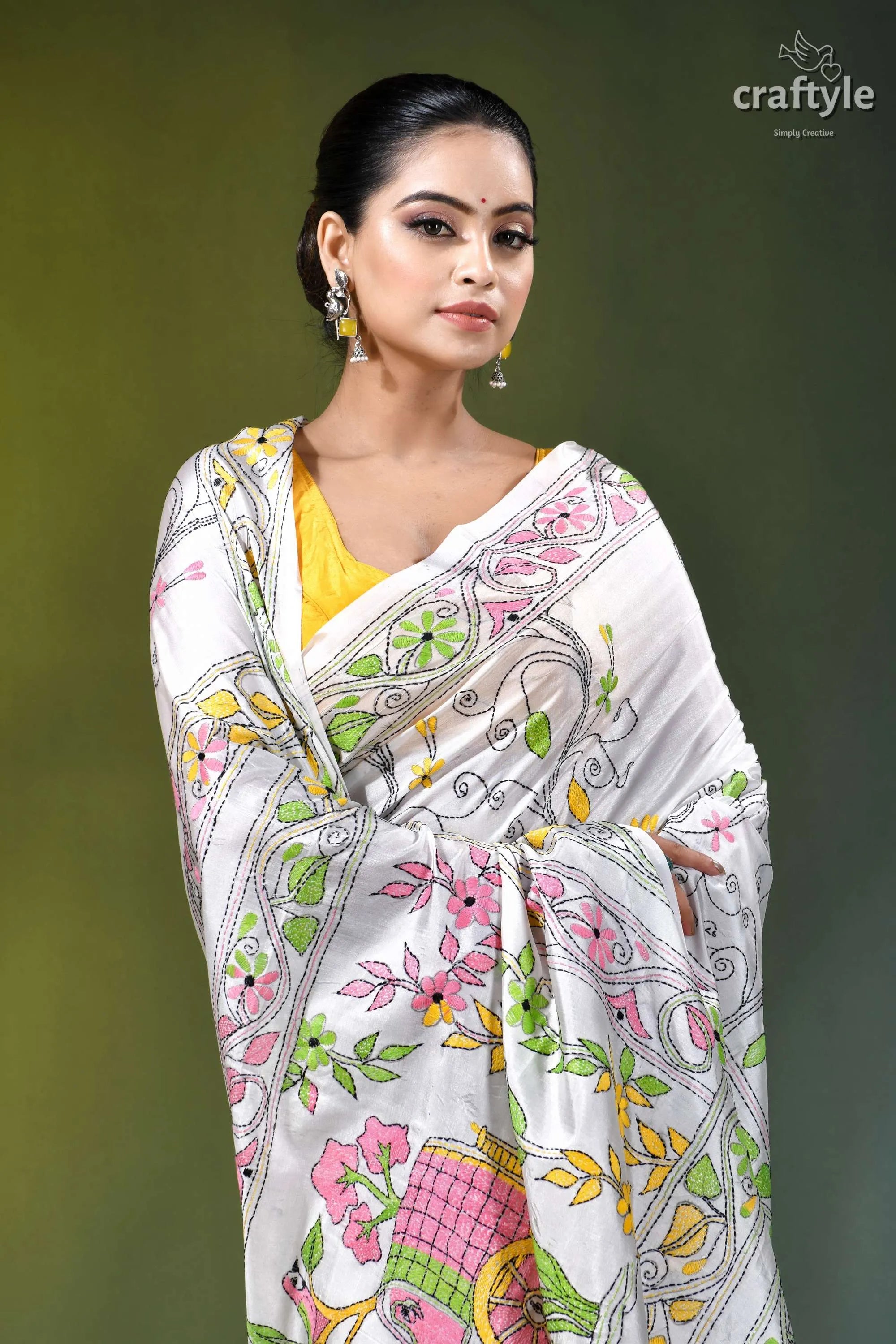 Bengal heritage bullock cart design silk kantha saree in white white hand-embroidered saree vibrant pink 2