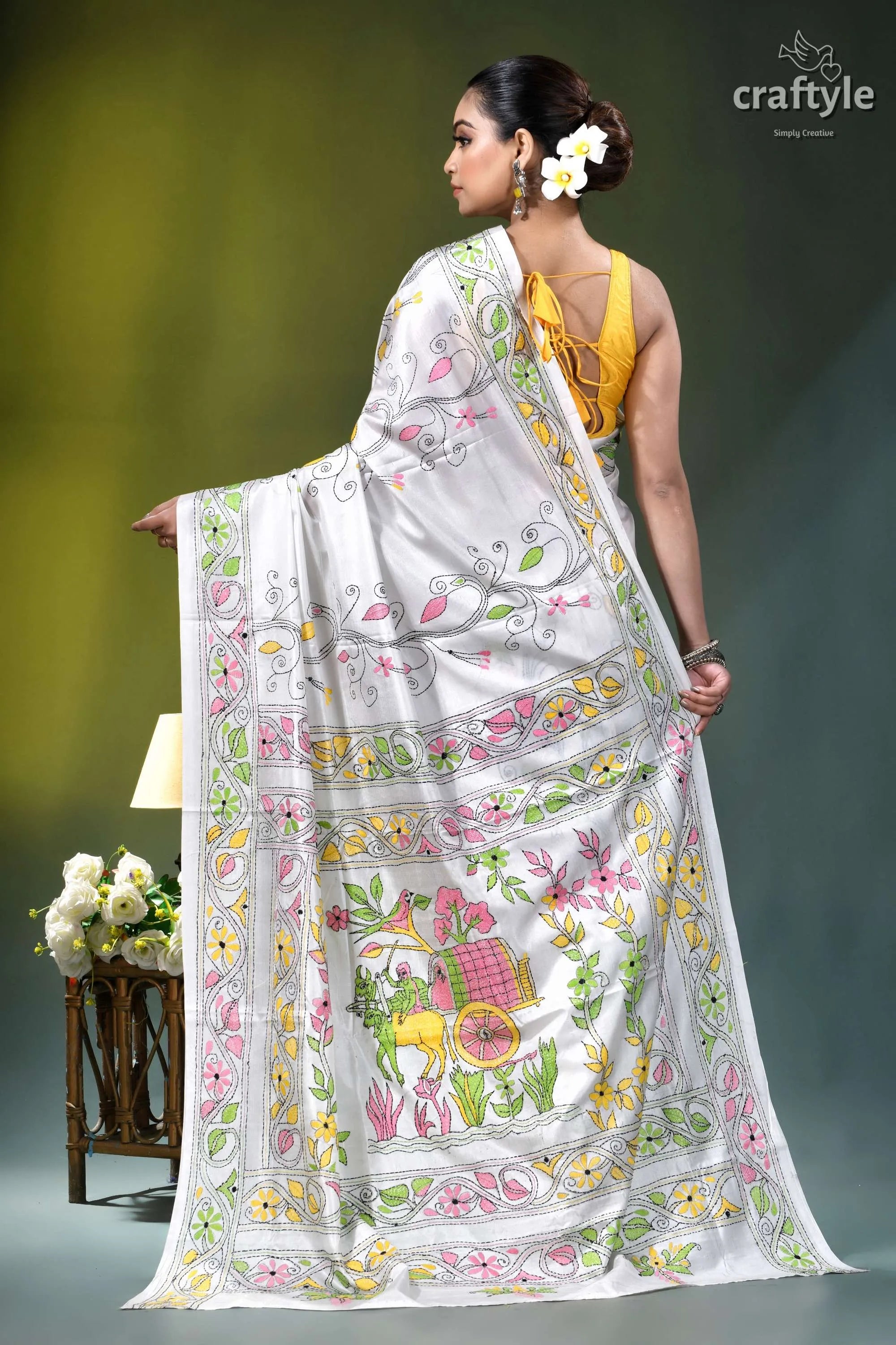 Bengal heritage bullock cart design silk kantha saree in white white silk saree intricate hand-painted 5