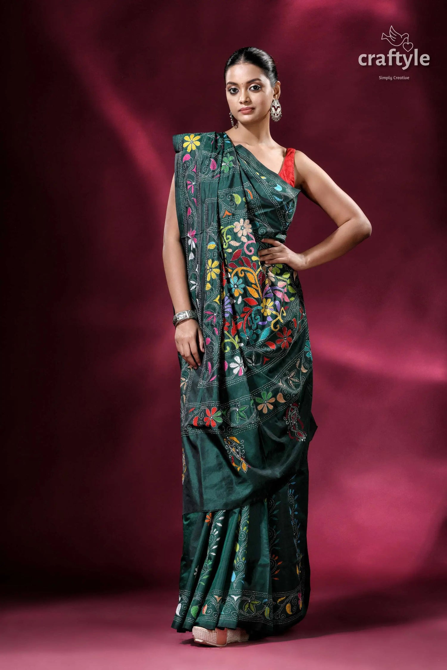 Bengal heritage deep green silk kantha saree green floral embroidered saree 5