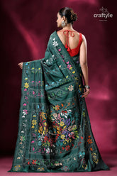 Bengal heritage deep green silk kantha saree green floral embroidered saree 4