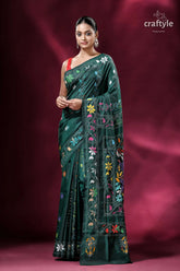 Bengal heritage deep green silk kantha saree green saree colorful floral embroidery 1