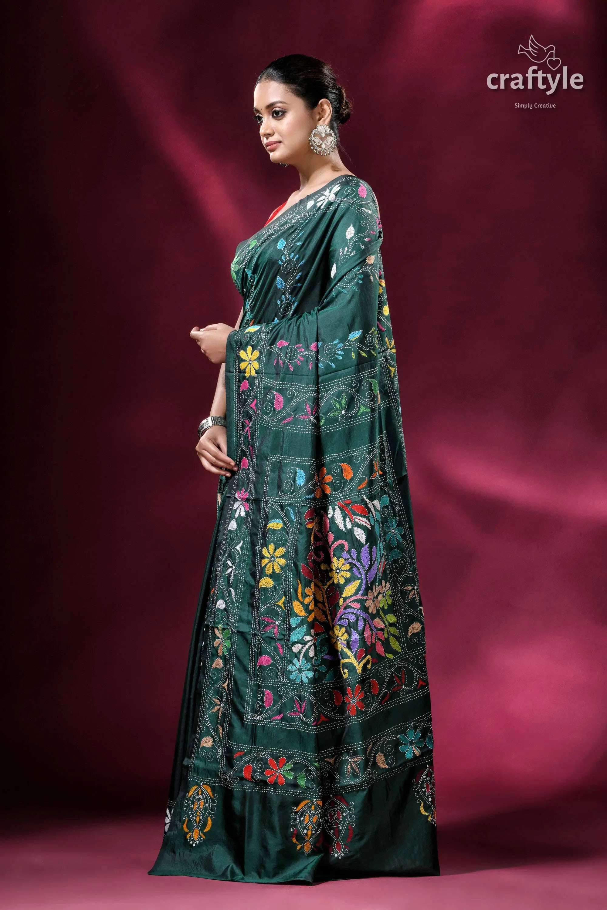 Bengal heritage deep green silk kantha saree elegant green floral-embroidered saree 3