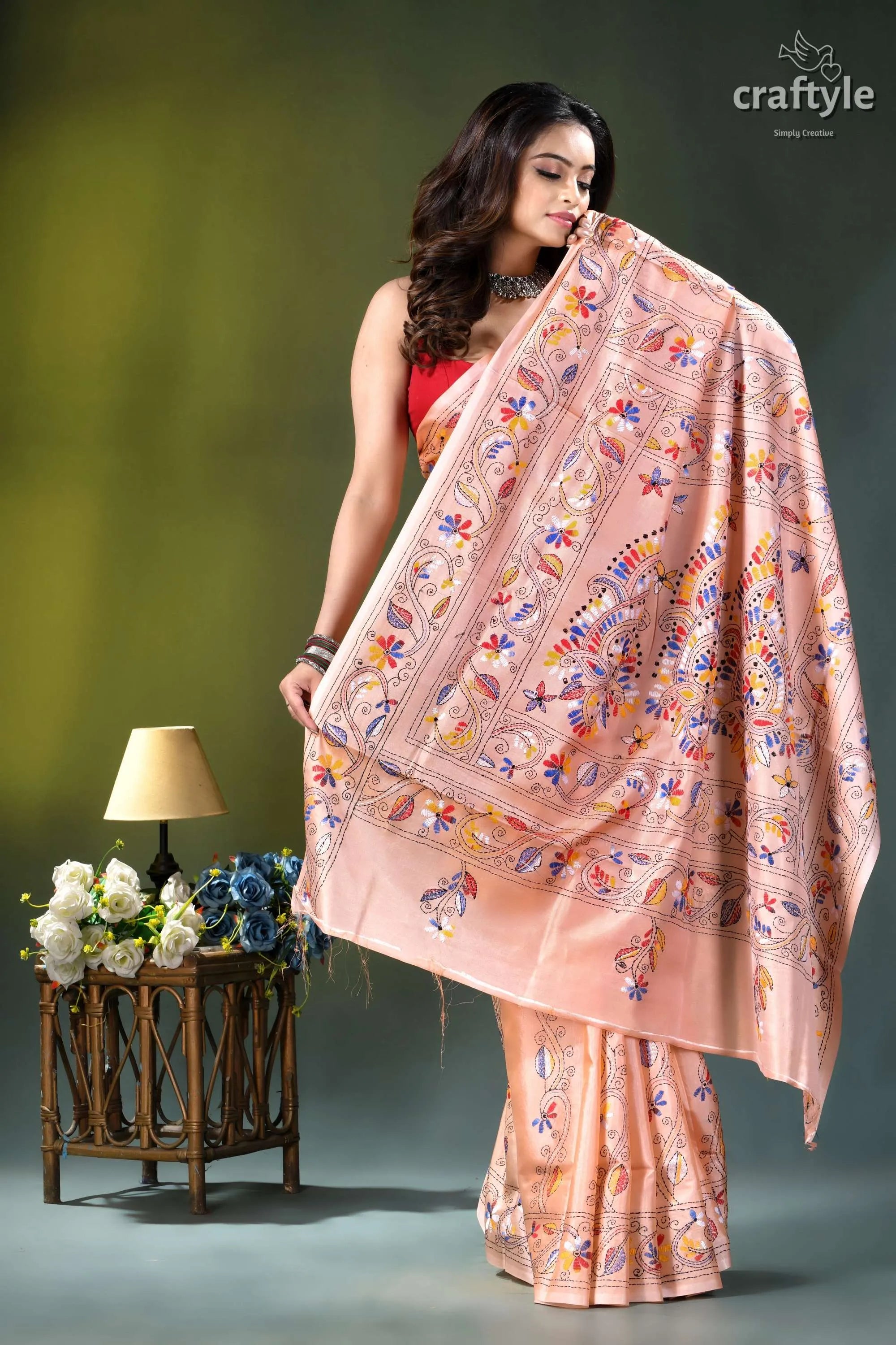 Bengal heritage pale rose floral design silk kantha saree peach-colored silk saree intricate multicolored 4