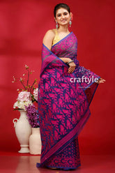 Berry blue and magenta bengal heritage jamdani saree blue pink patterned saree 4
