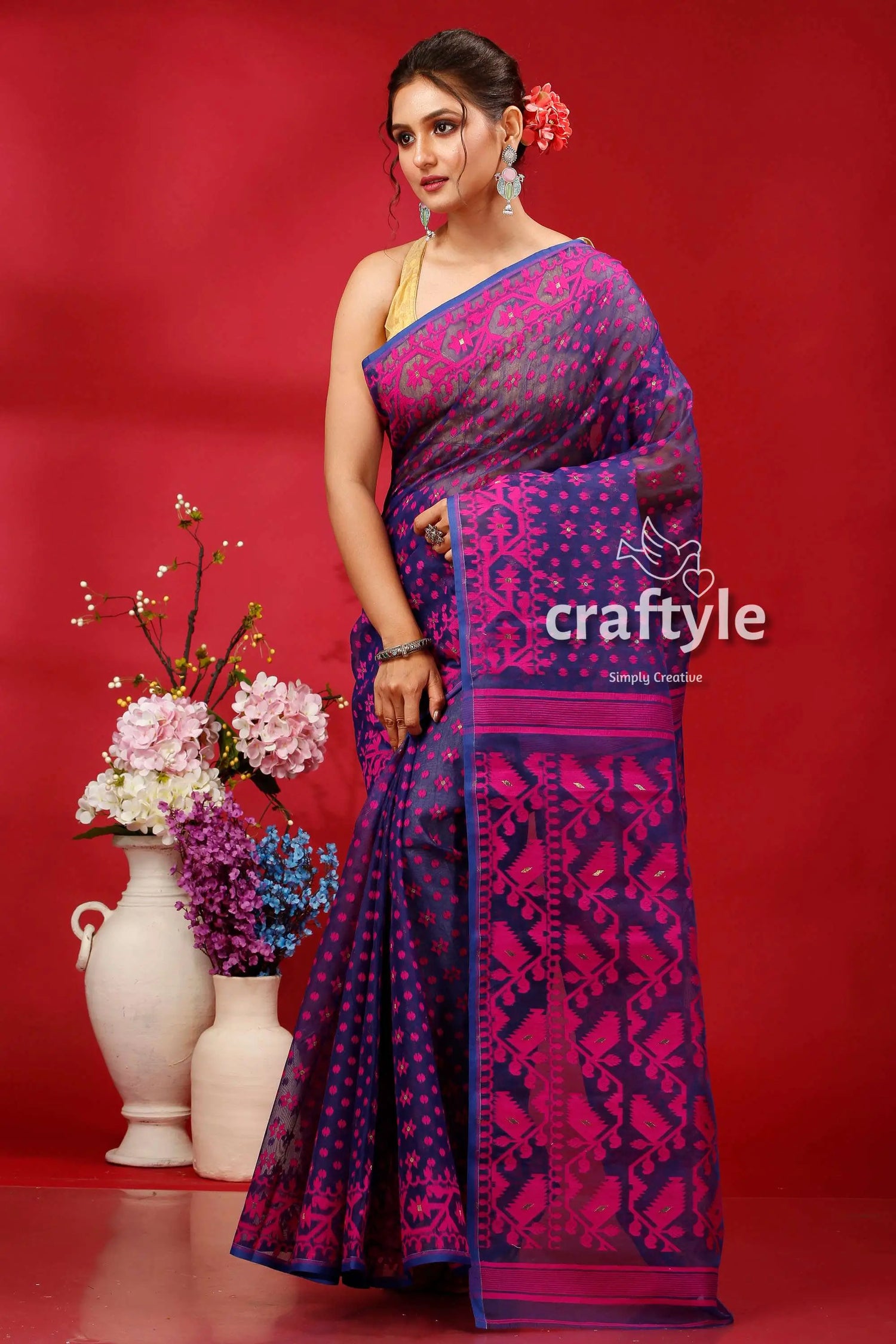 Berry blue and magenta bengal heritage jamdani saree woman purple pink saree 3