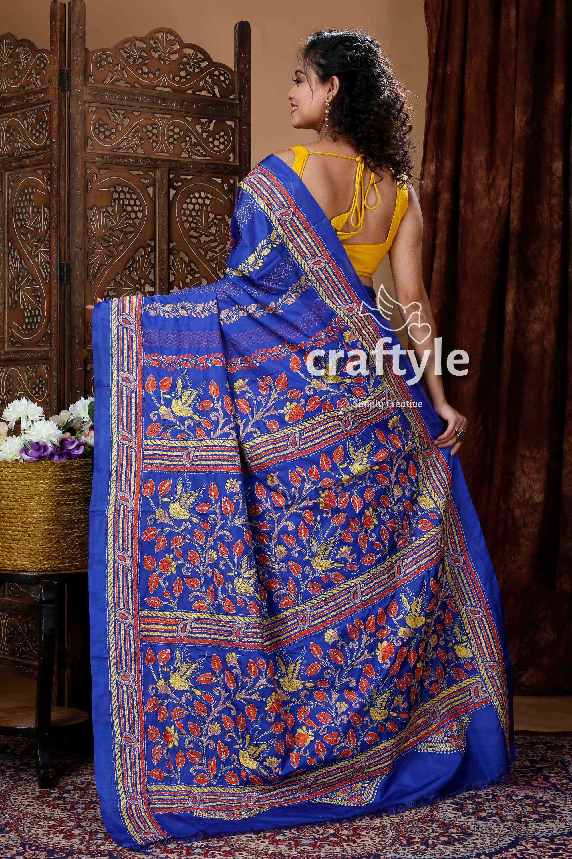Berry Blue Artisanal Kantha Silk Saree-Craftyle