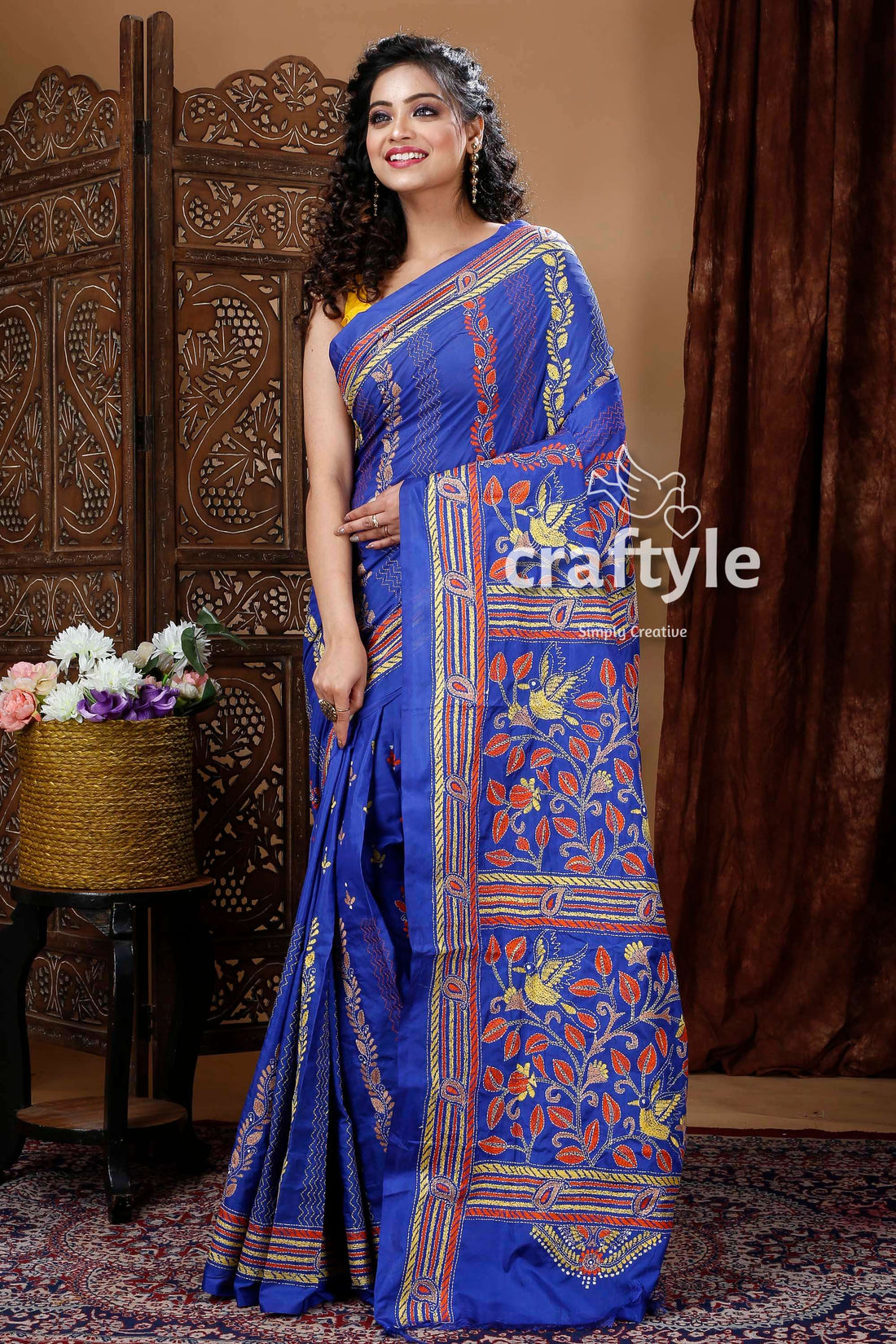 Berry Blue Artisanal Kantha Silk Saree-Craftyle