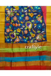 Berry blue elegant hand painted zari border pure tussar kalamkari saree colorful floral-patterned saree 5