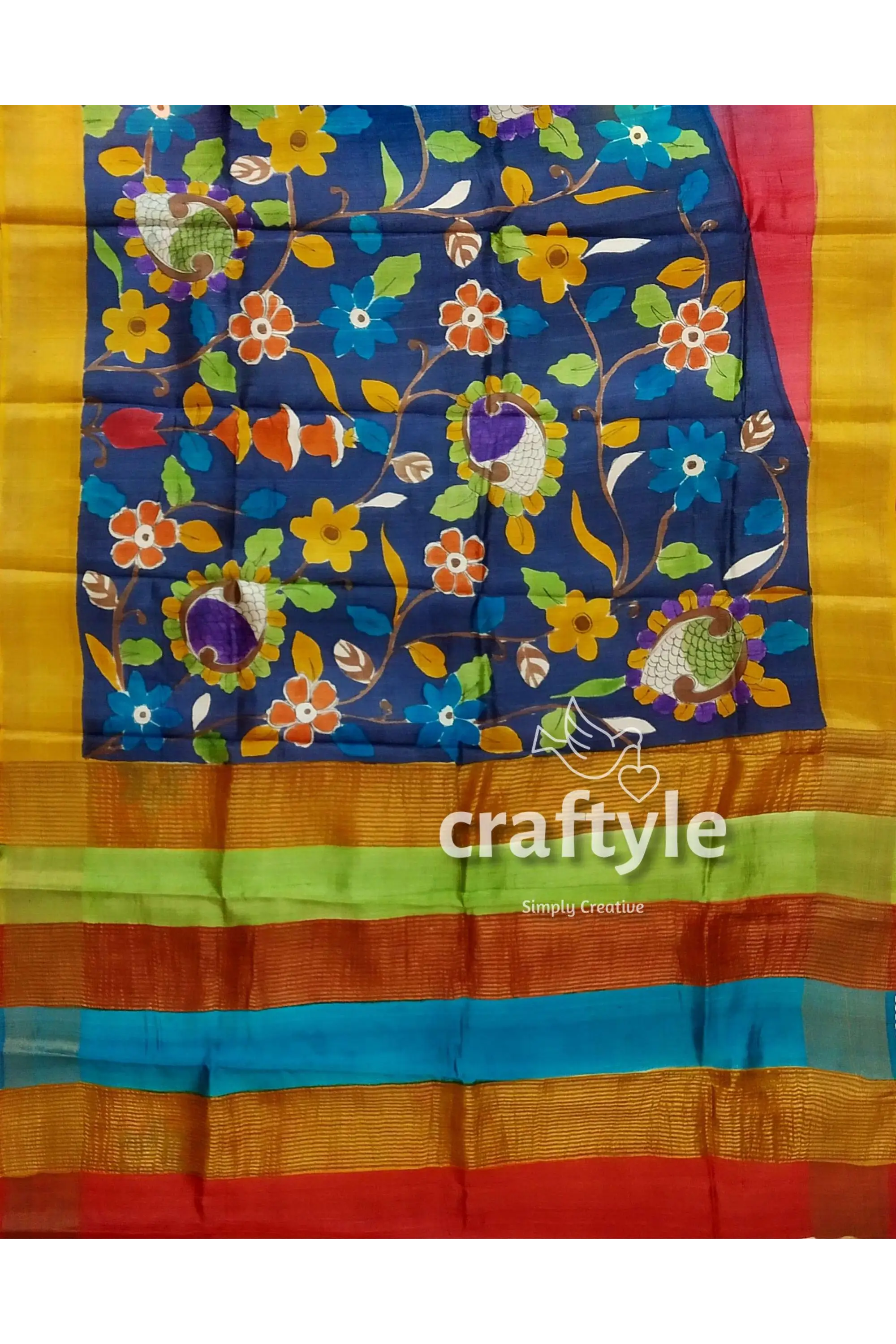 Berry blue elegant hand painted zari border pure tussar kalamkari saree colorful floral-patterned saree 5