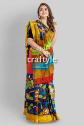 Berry blue elegant hand painted zari border pure tussar kalamkari saree woman colorful floral saree 2