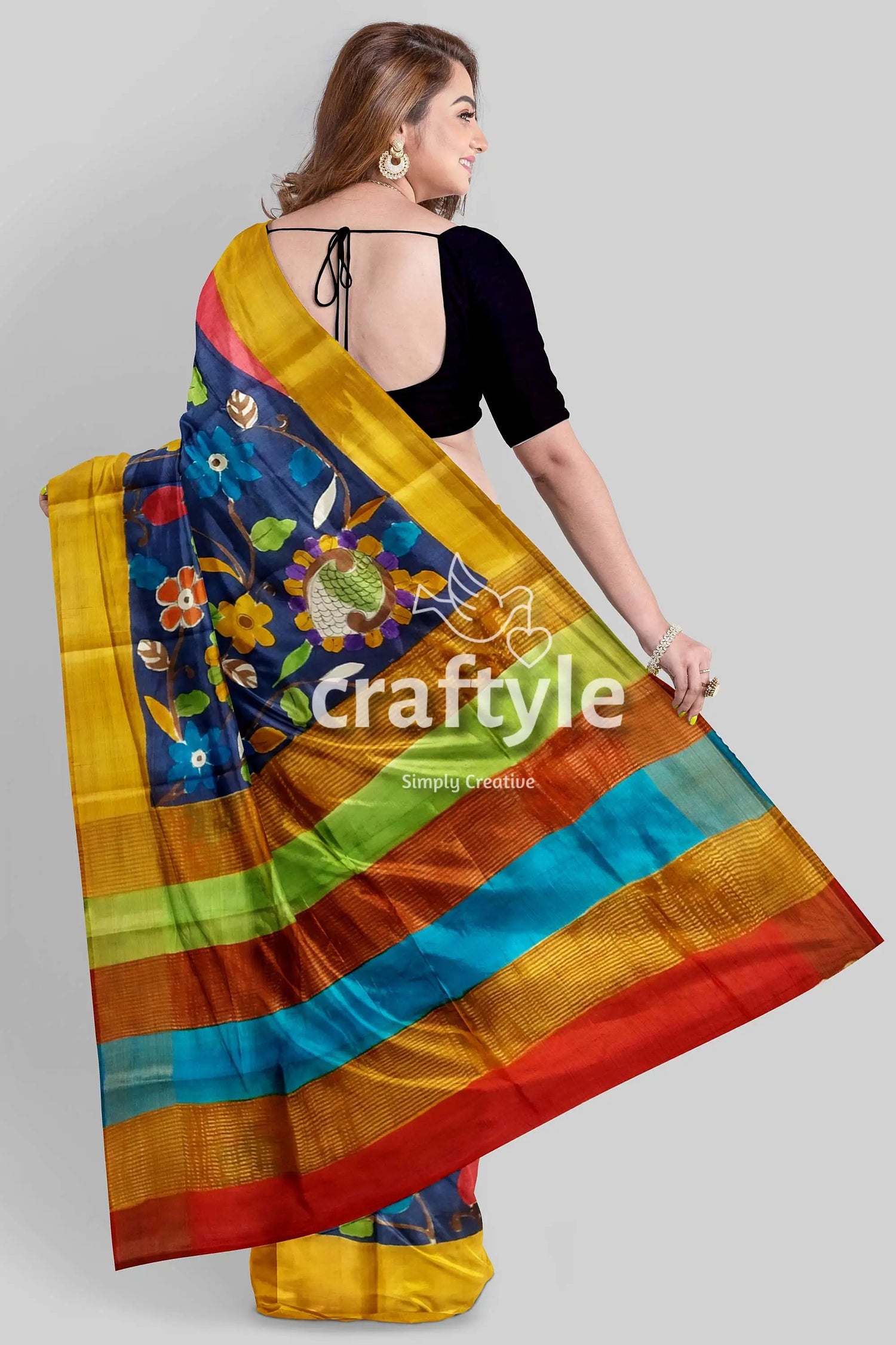 Berry blue elegant hand painted zari border pure tussar kalamkari saree colorful saree floral design 4