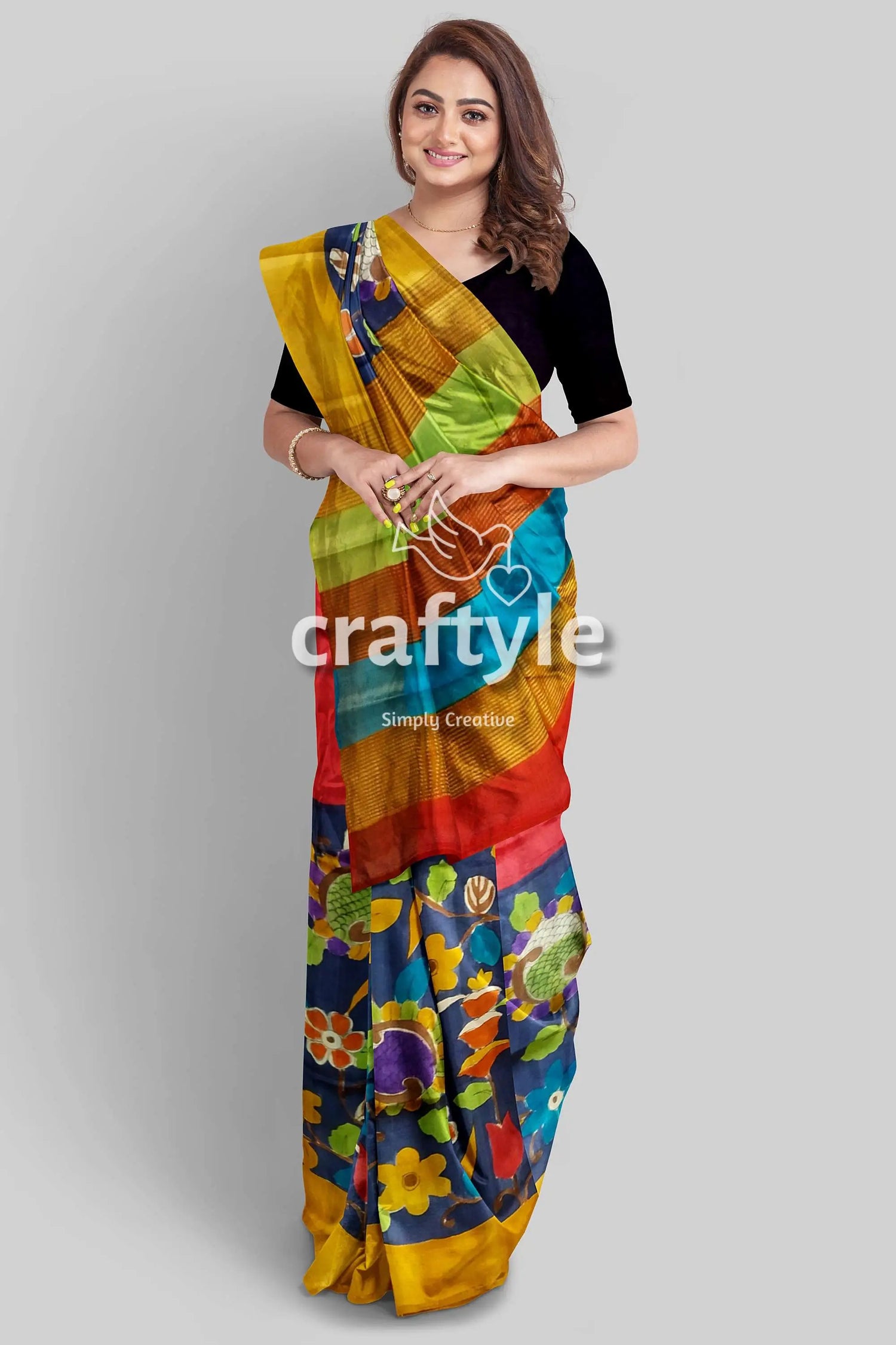 Berry blue elegant hand painted zari border pure tussar kalamkari saree woman colorful saree 3