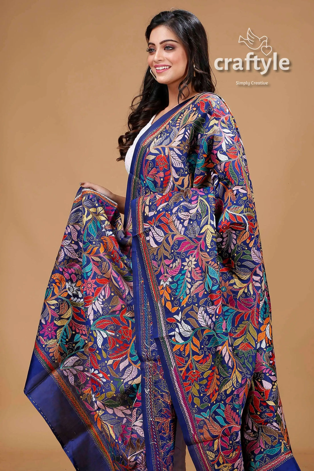 Berry Blue Pure Bangalore Silk Kantha Stitch Wrap - Craftyle