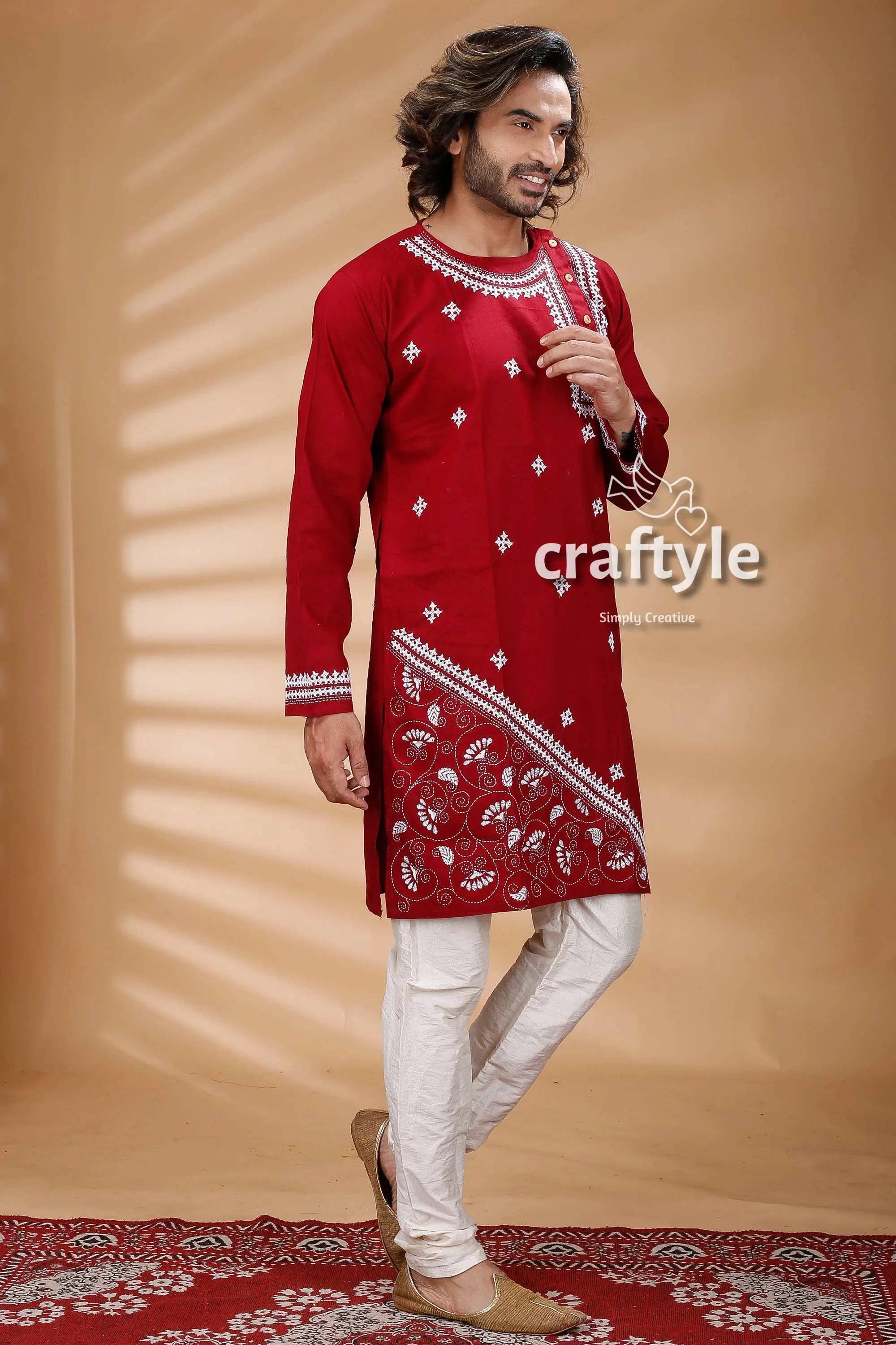 Berry red kantha stitch cotton panjabi for men red embroidered kurta 3