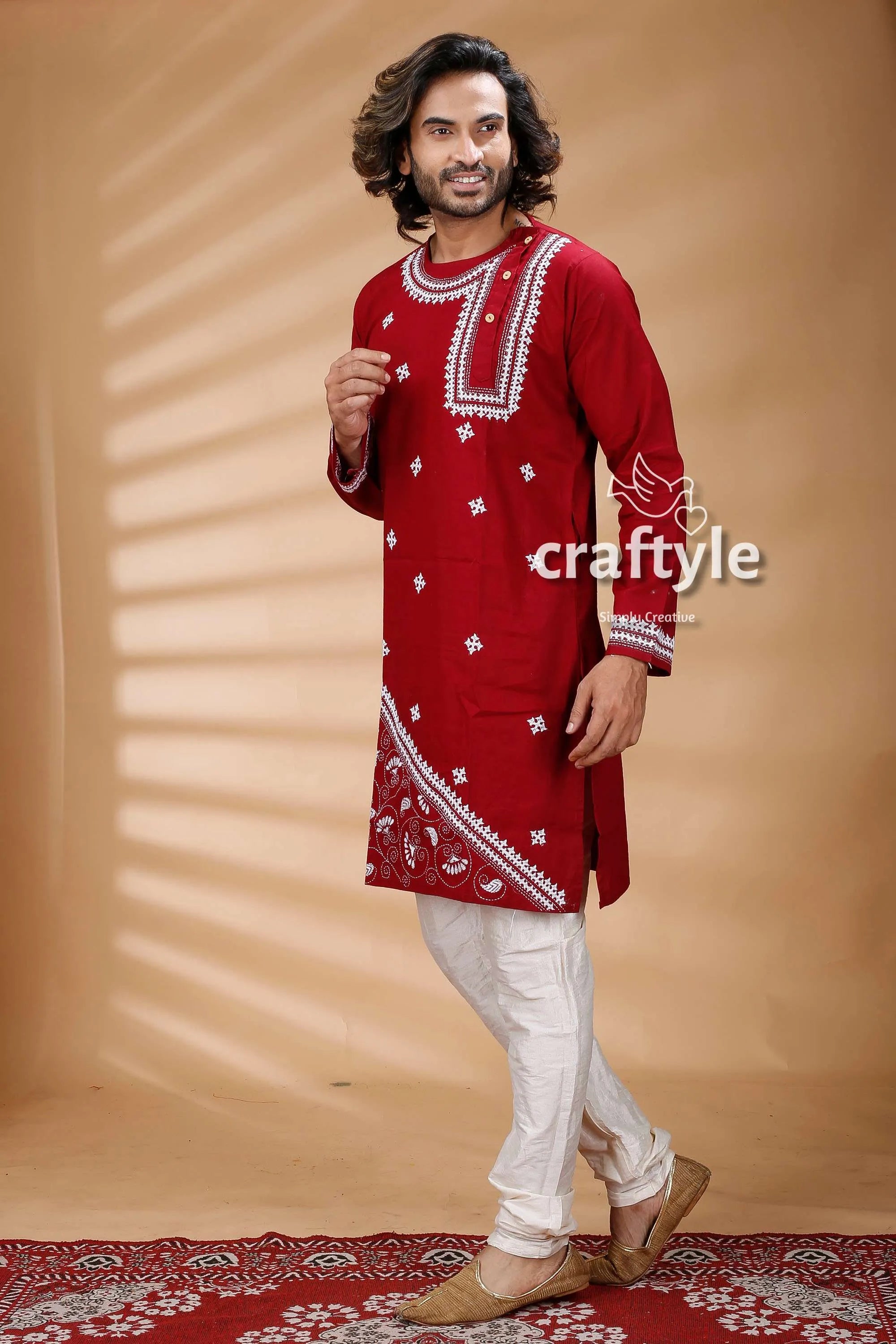 Berry red kantha stitch cotton panjabi for men maroon embroidered kurta white pants 4