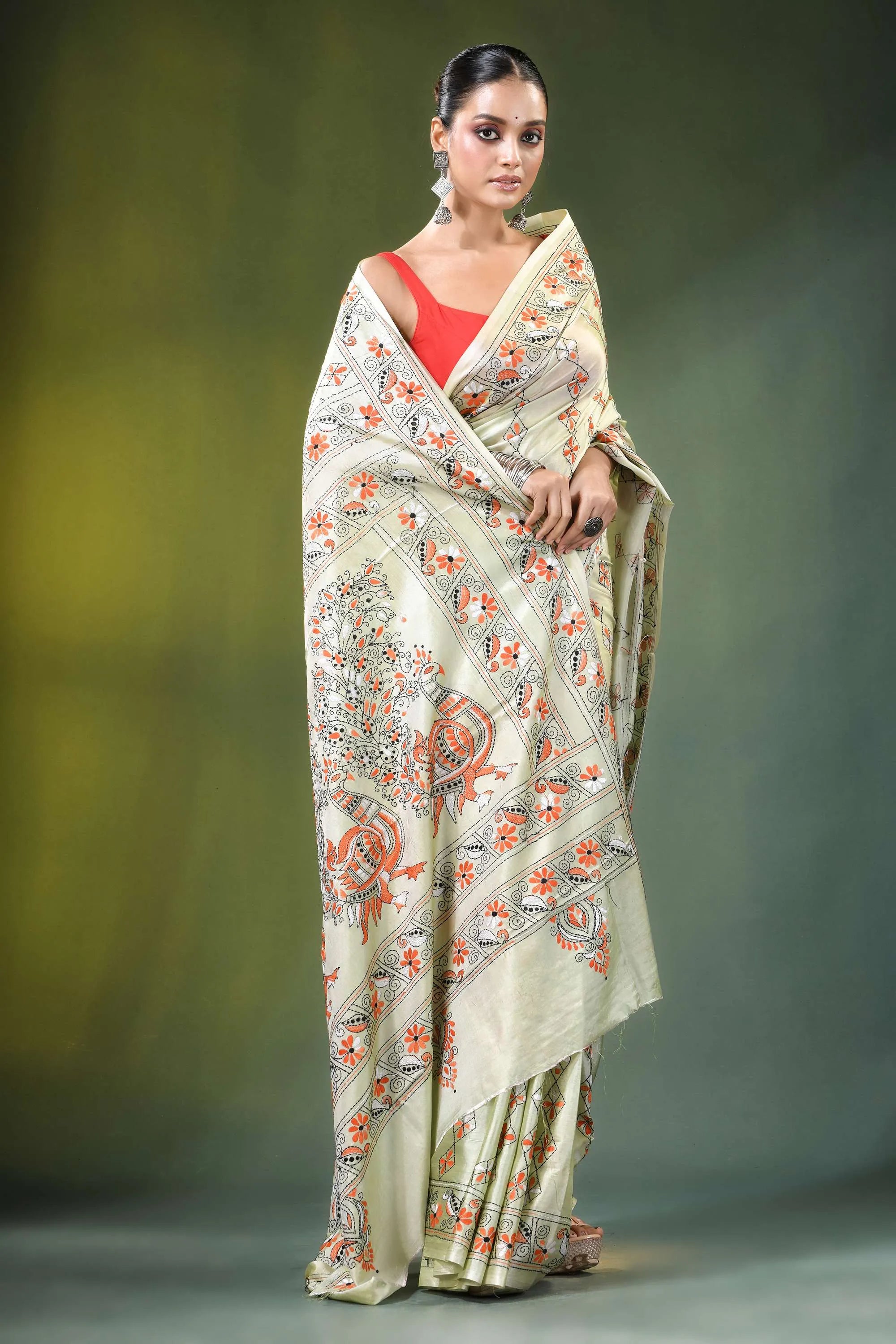Beryl green peacock design handcrafted silk kantha saree beige intricate orange 4