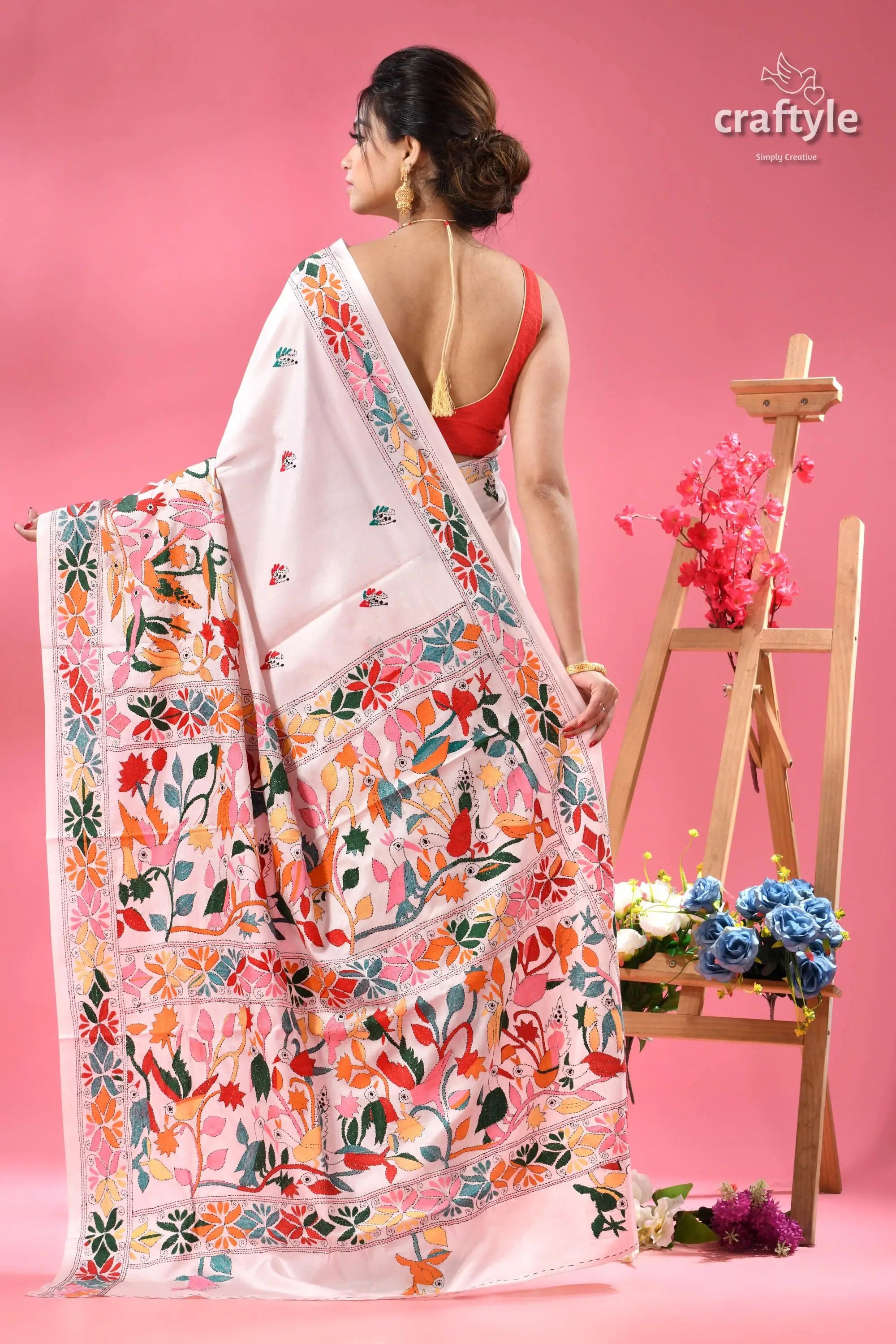Bird and blossom motif white silk kantha saree white embroidered saree floral bird 4