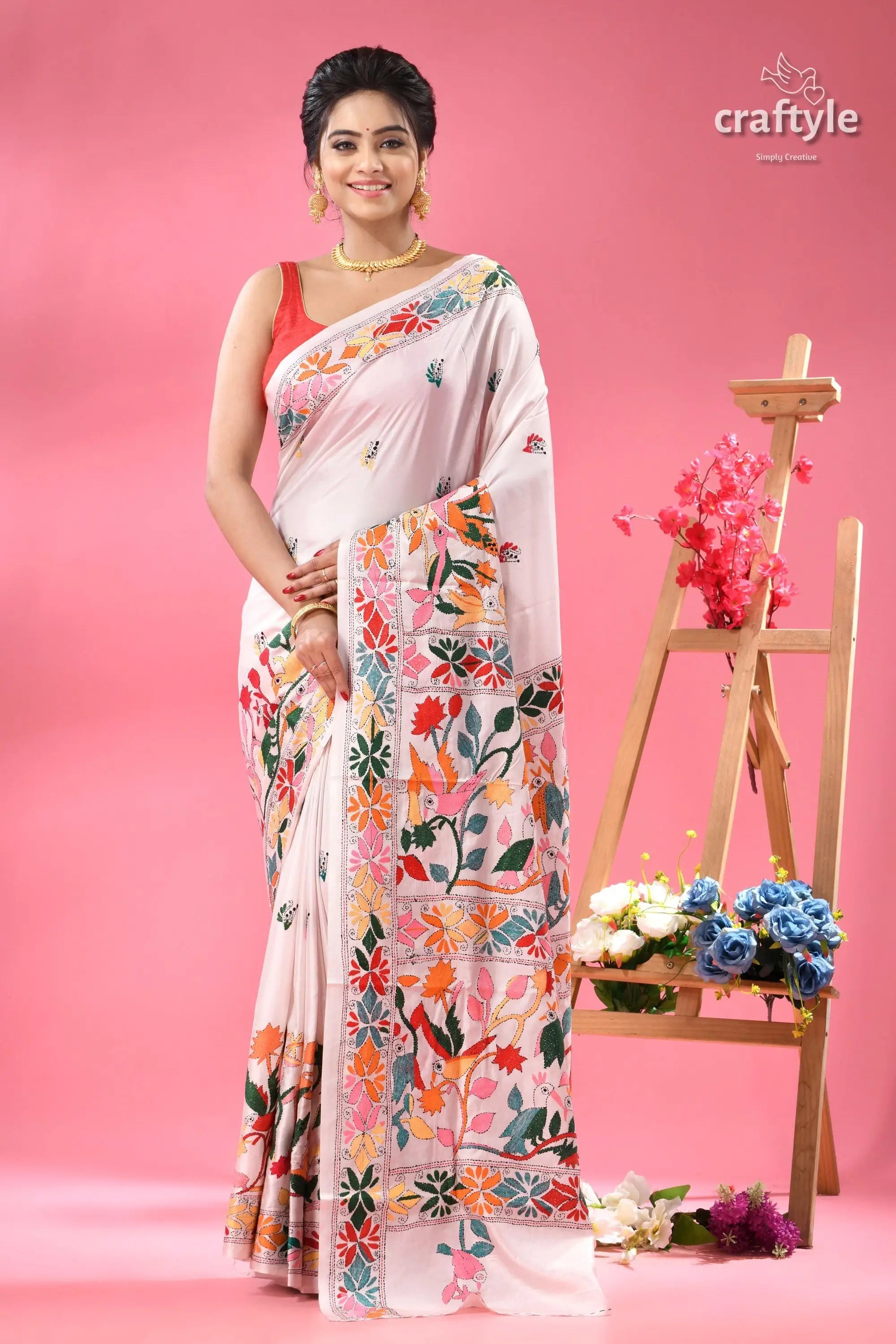 Bird and blossom motif white silk kantha saree white cotton saree colorful floral 1