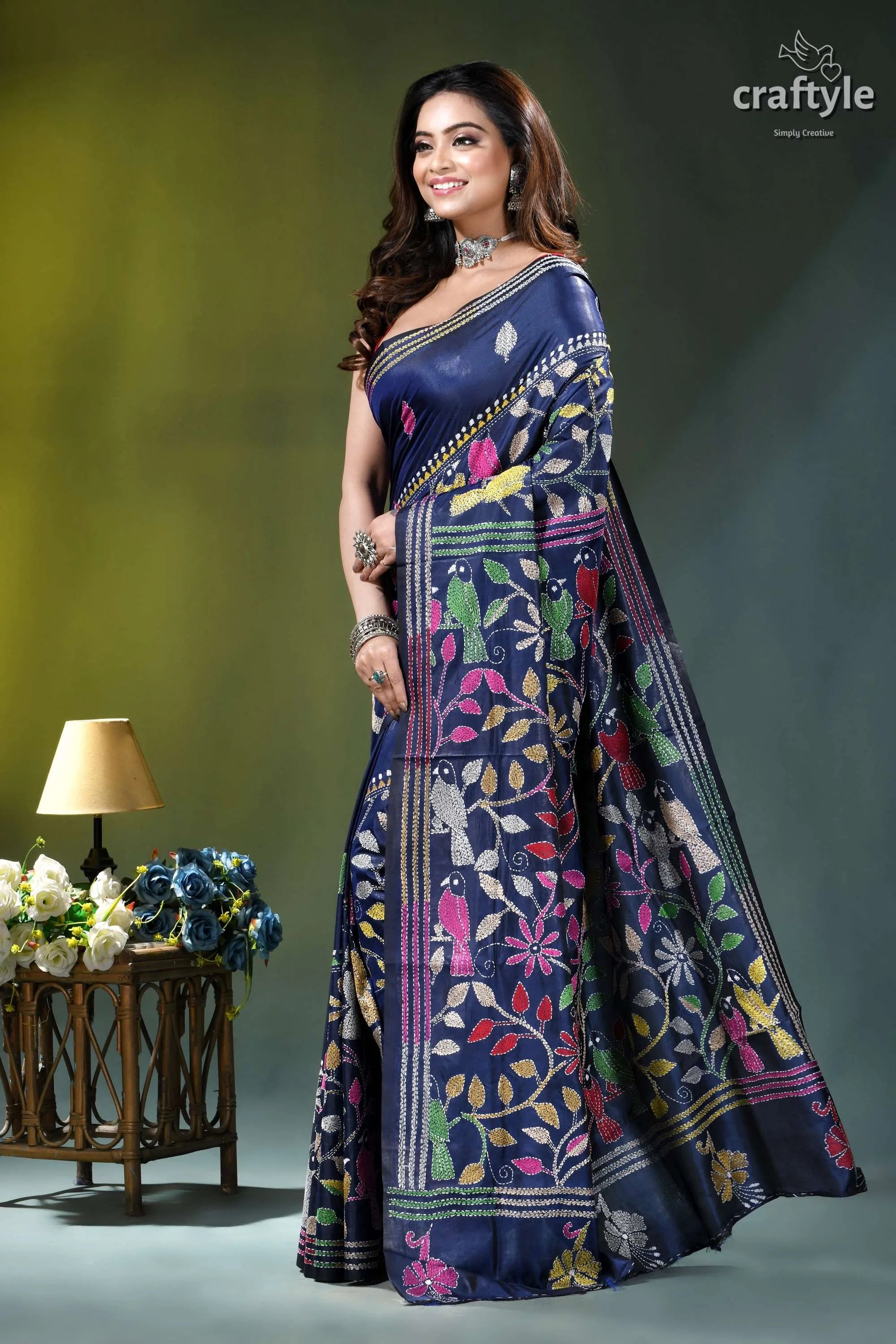 Bird motif hand embroidered kantha stitch silk saree in lapis blue navy blue silk saree adorned 3