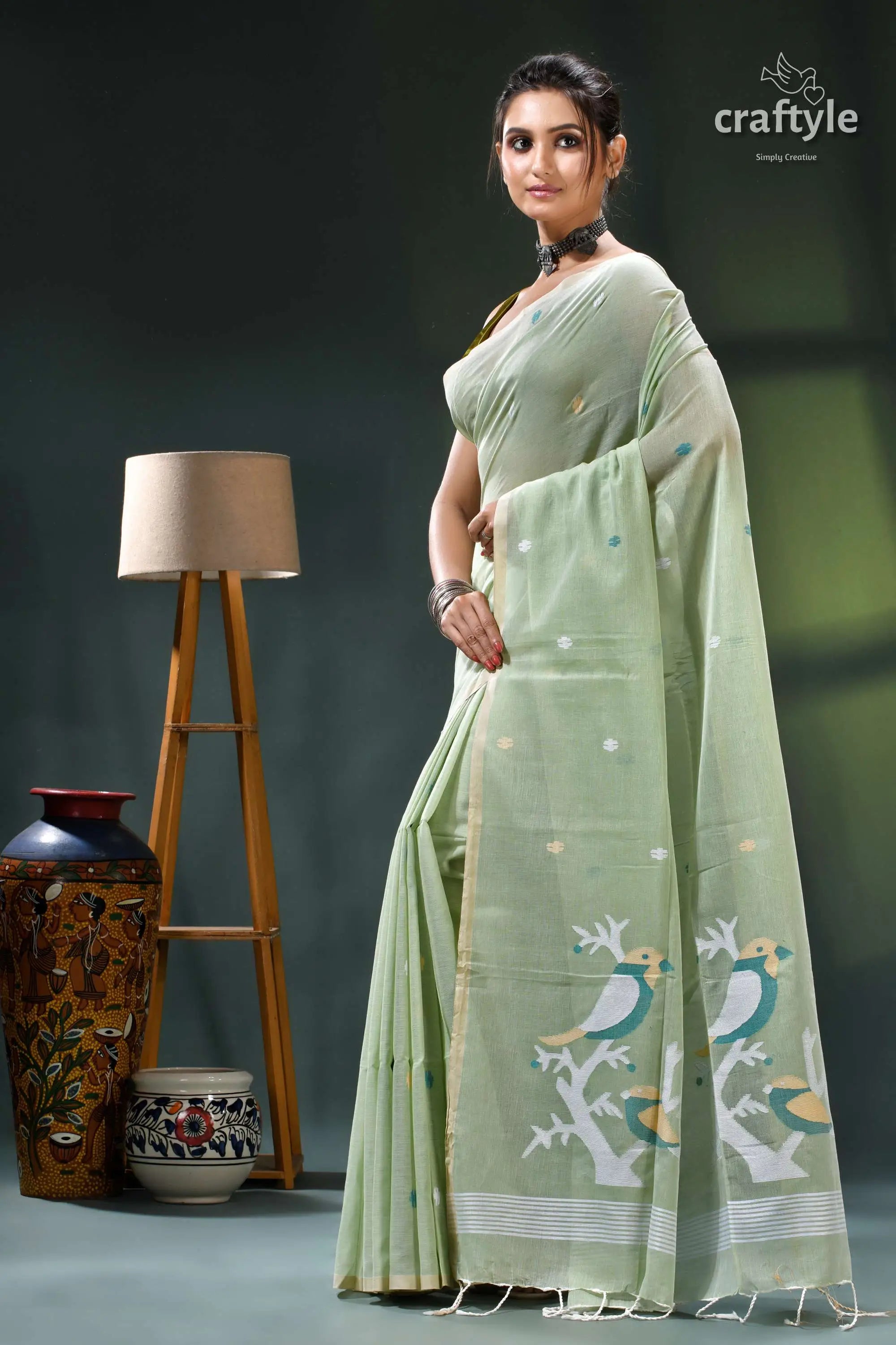 Bird motif handwoven soft cotton jamdani saree in laurel green sage green saree bird tree 3