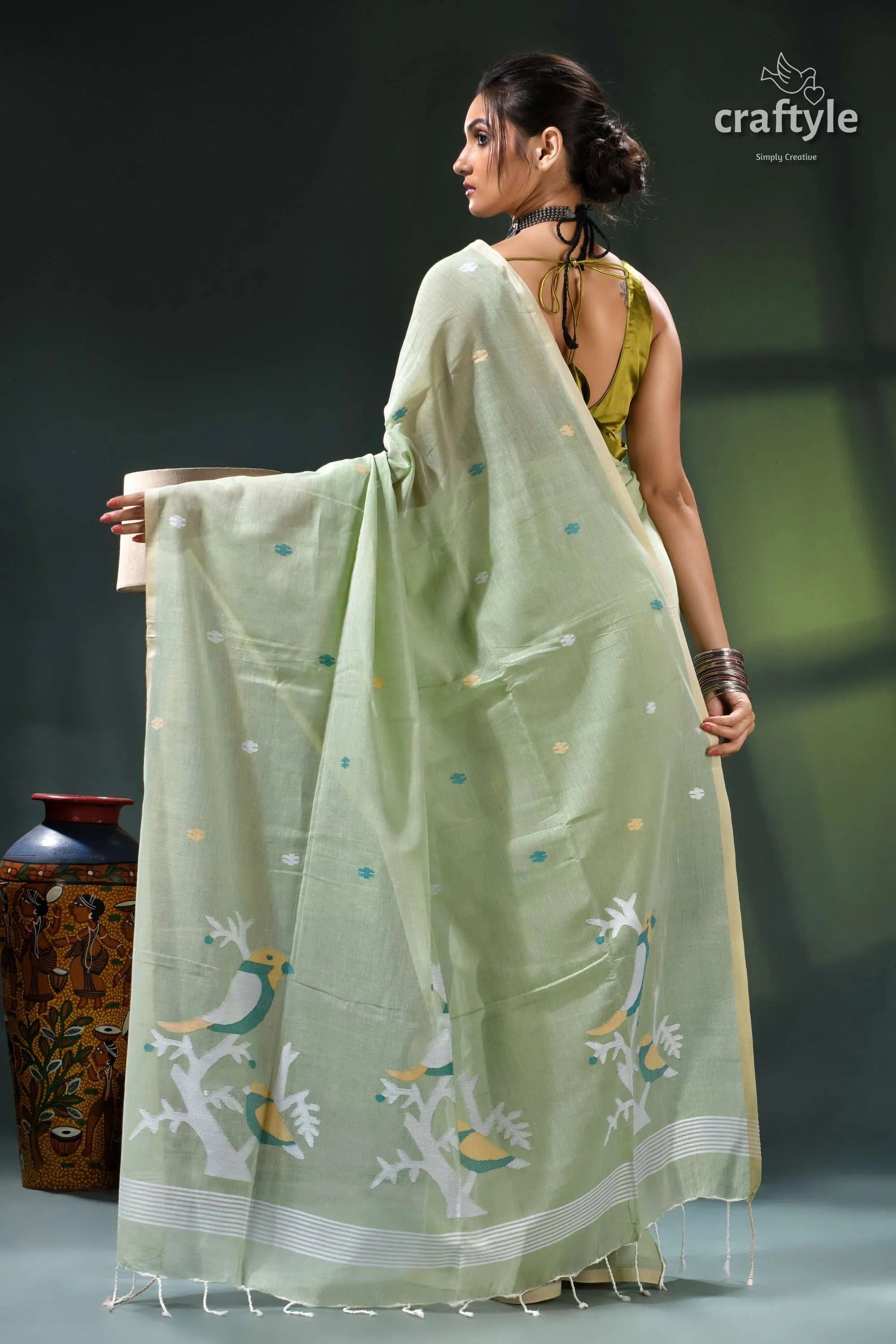 Bird motif handwoven soft cotton jamdani saree in laurel green sage green peacock embroidered organza 6
