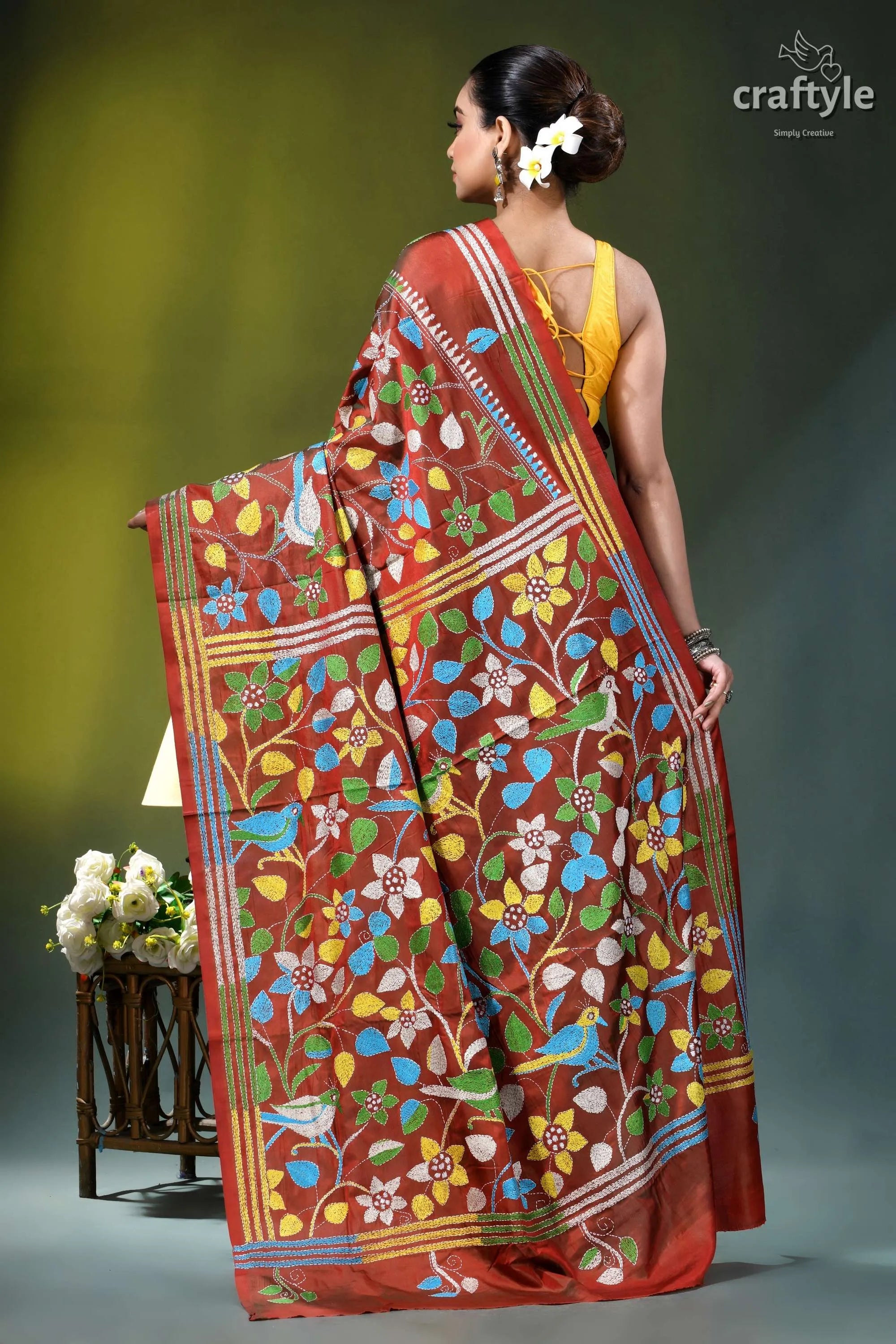 Bird motif kantha embroidery silk saree in roof terracotta rich rust-colored banarasi saree adorned 6