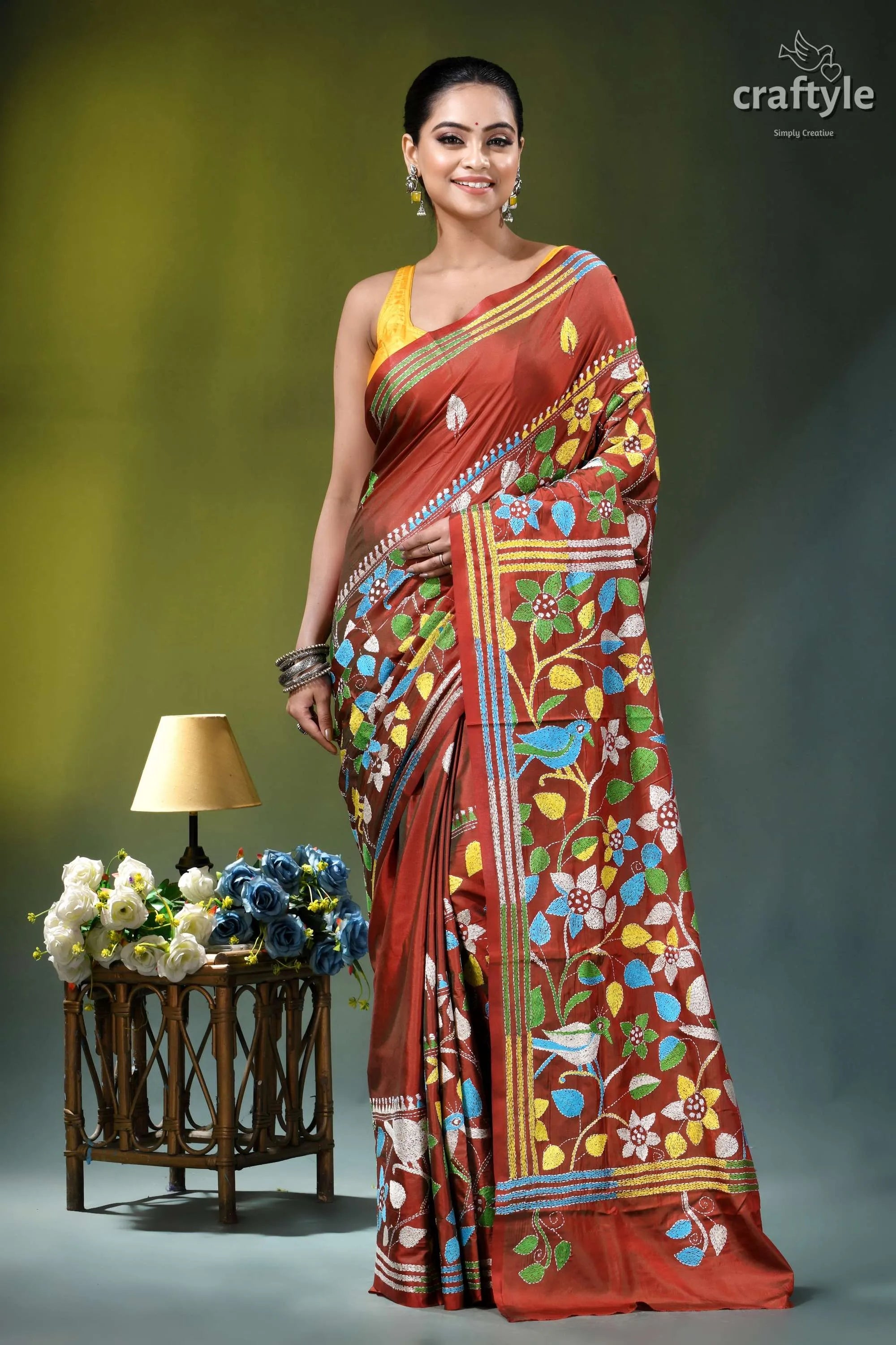 Bird motif kantha embroidery silk saree in roof terracotta vibrant red hand-block printed saree 7