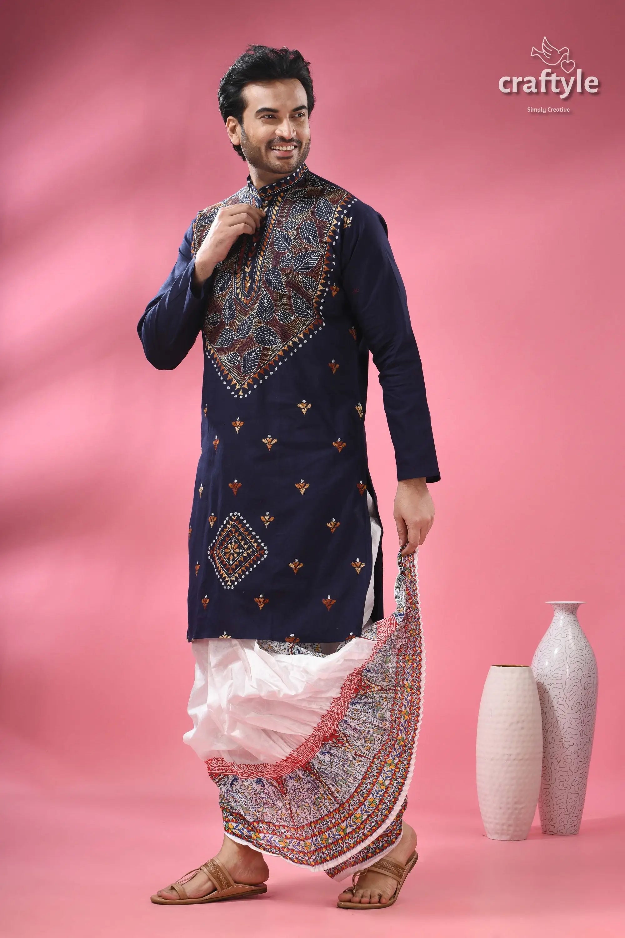 Biscay blue kantha cotton panjabi for men men’s navy blue embroidered kurta 6