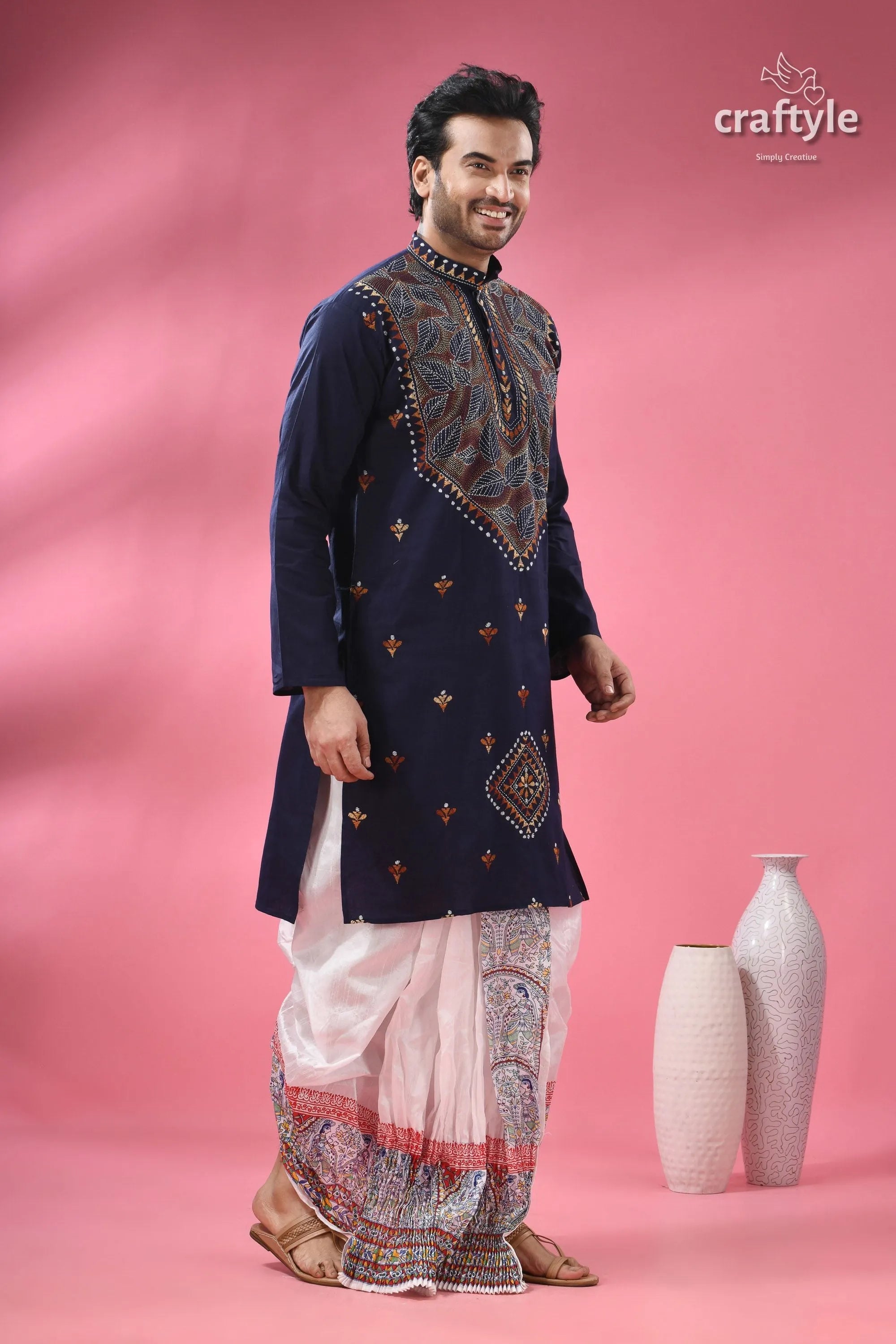 Biscay blue kantha cotton panjabi for men dark embroidered kurta white 5