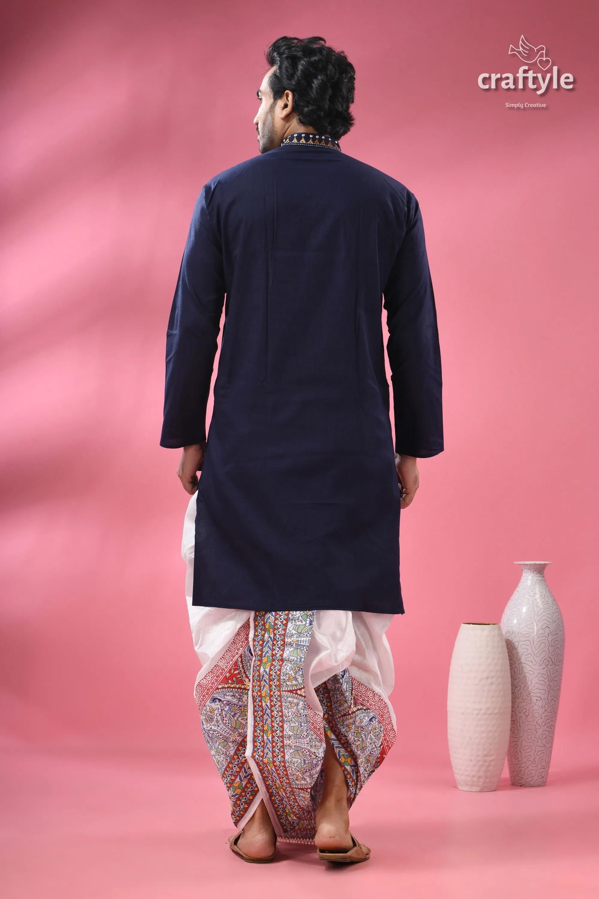 Biscay blue kantha cotton panjabi for men men’s navy kurta embroidered 7