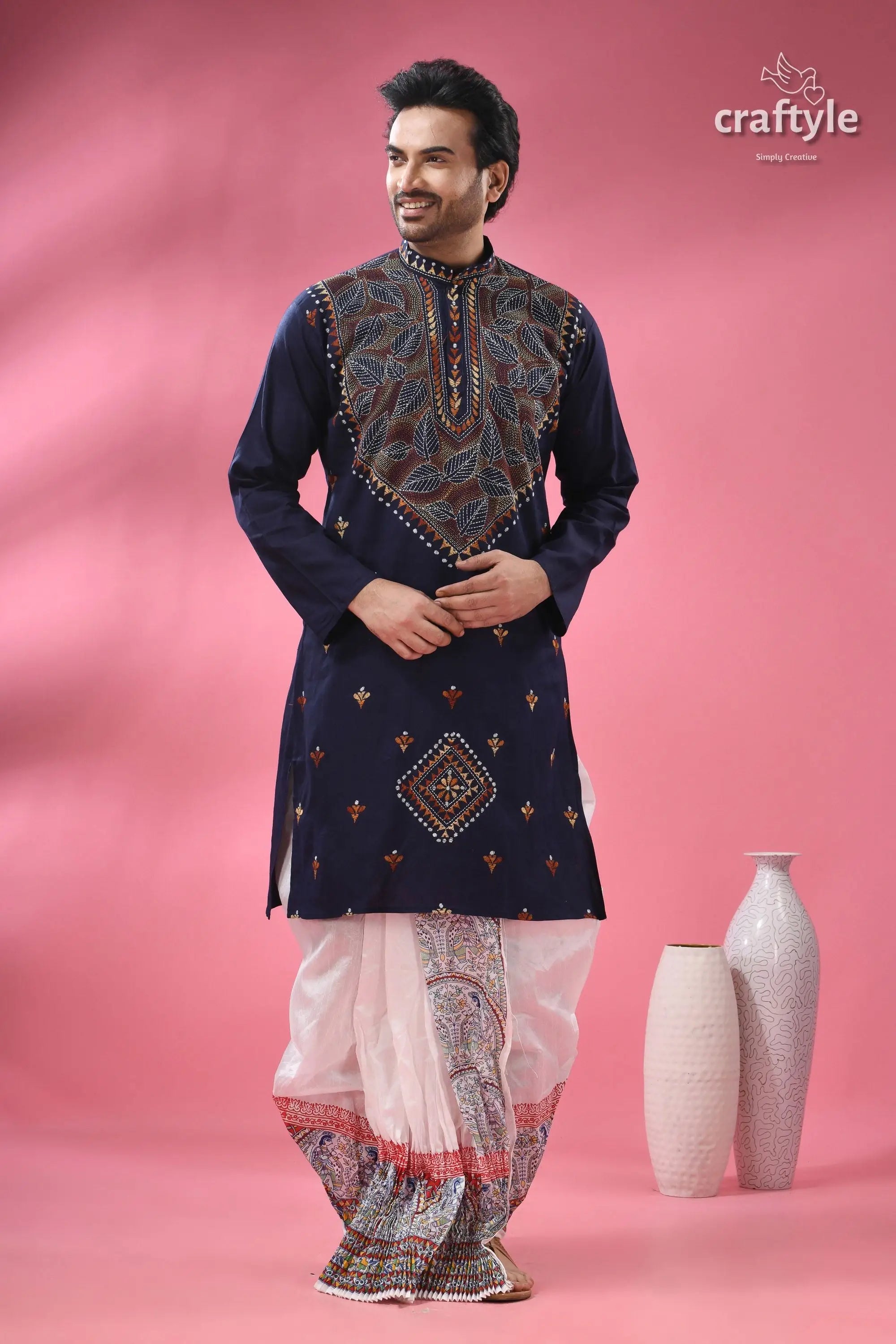 Biscay blue kantha cotton panjabi for men men’s navy blue embroidered kurta 3