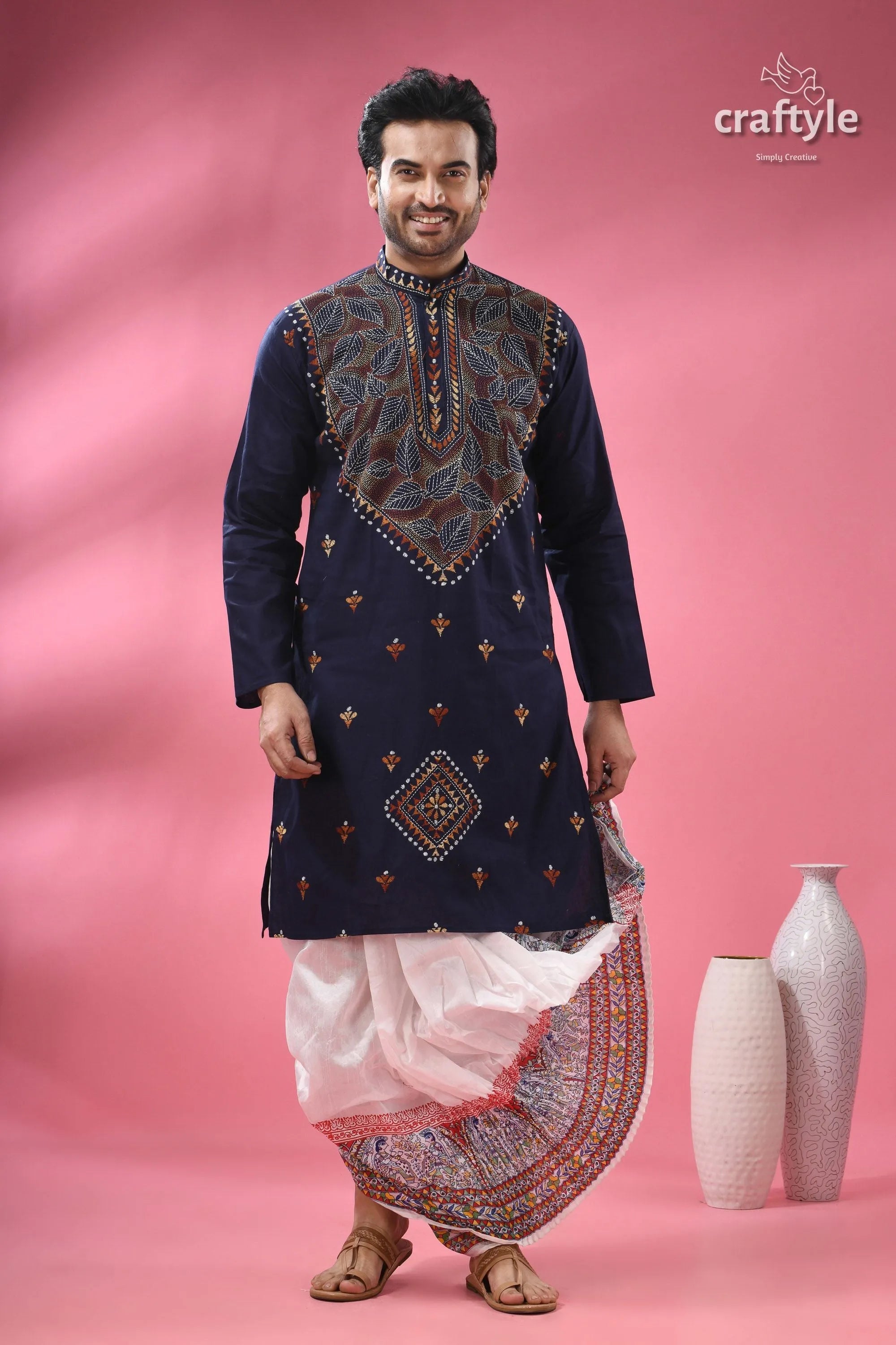 Biscay blue kantha cotton panjabi for men men’s navy embroidered kurta 4