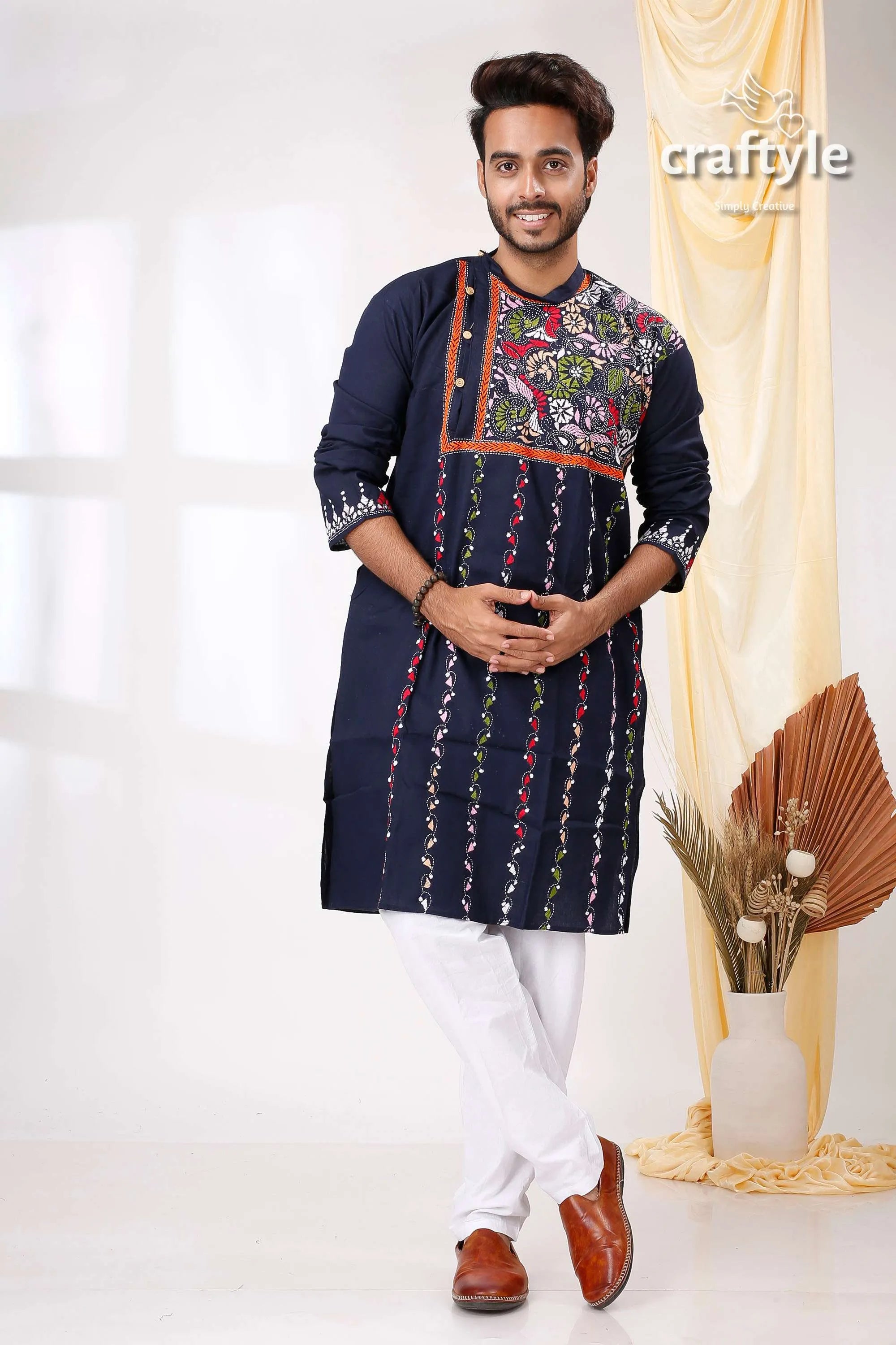 Biscay blue multithread hand embroidered kantha mens kurta man white pants 1