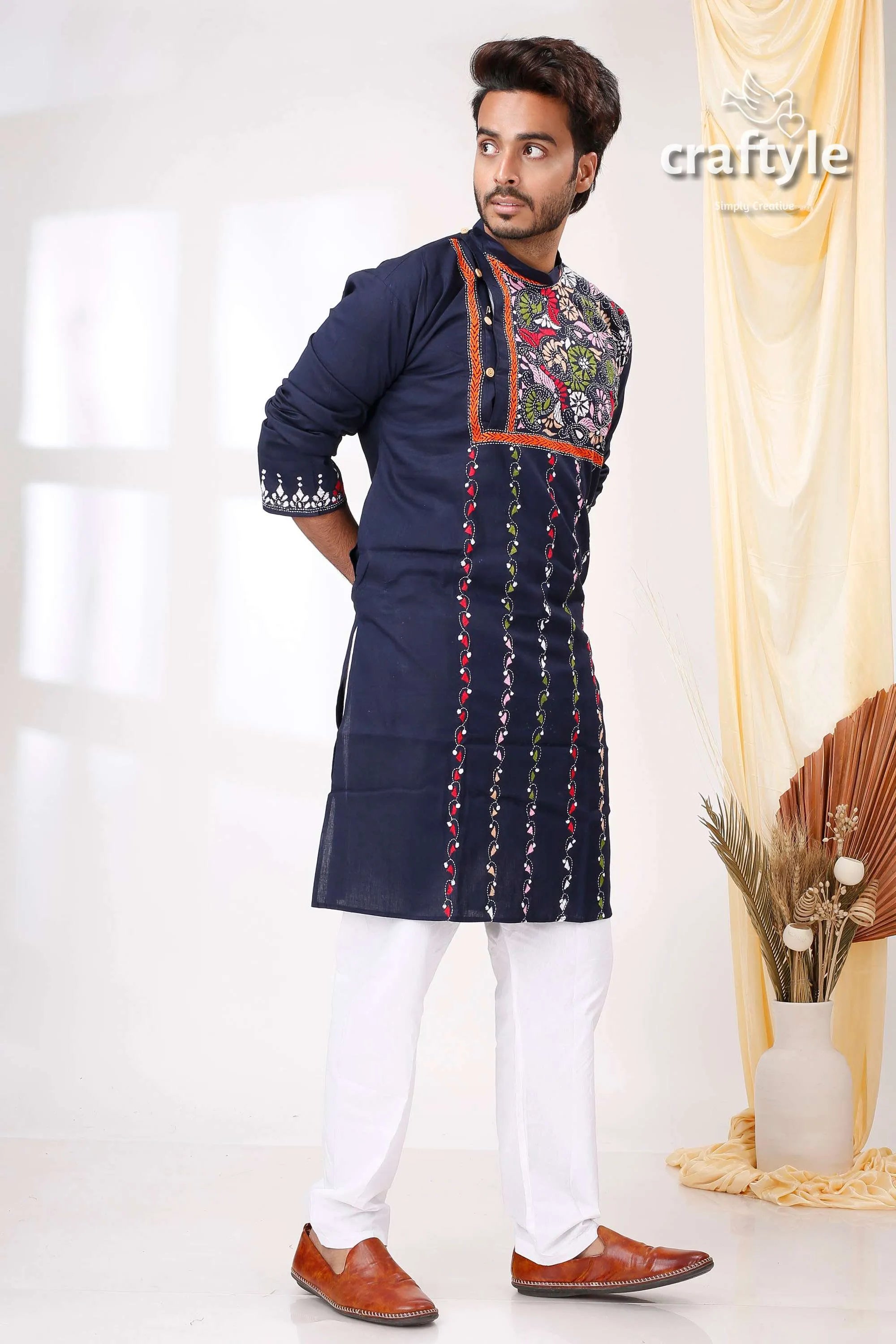Biscay blue multithread hand embroidered kantha mens kurta navy white 4