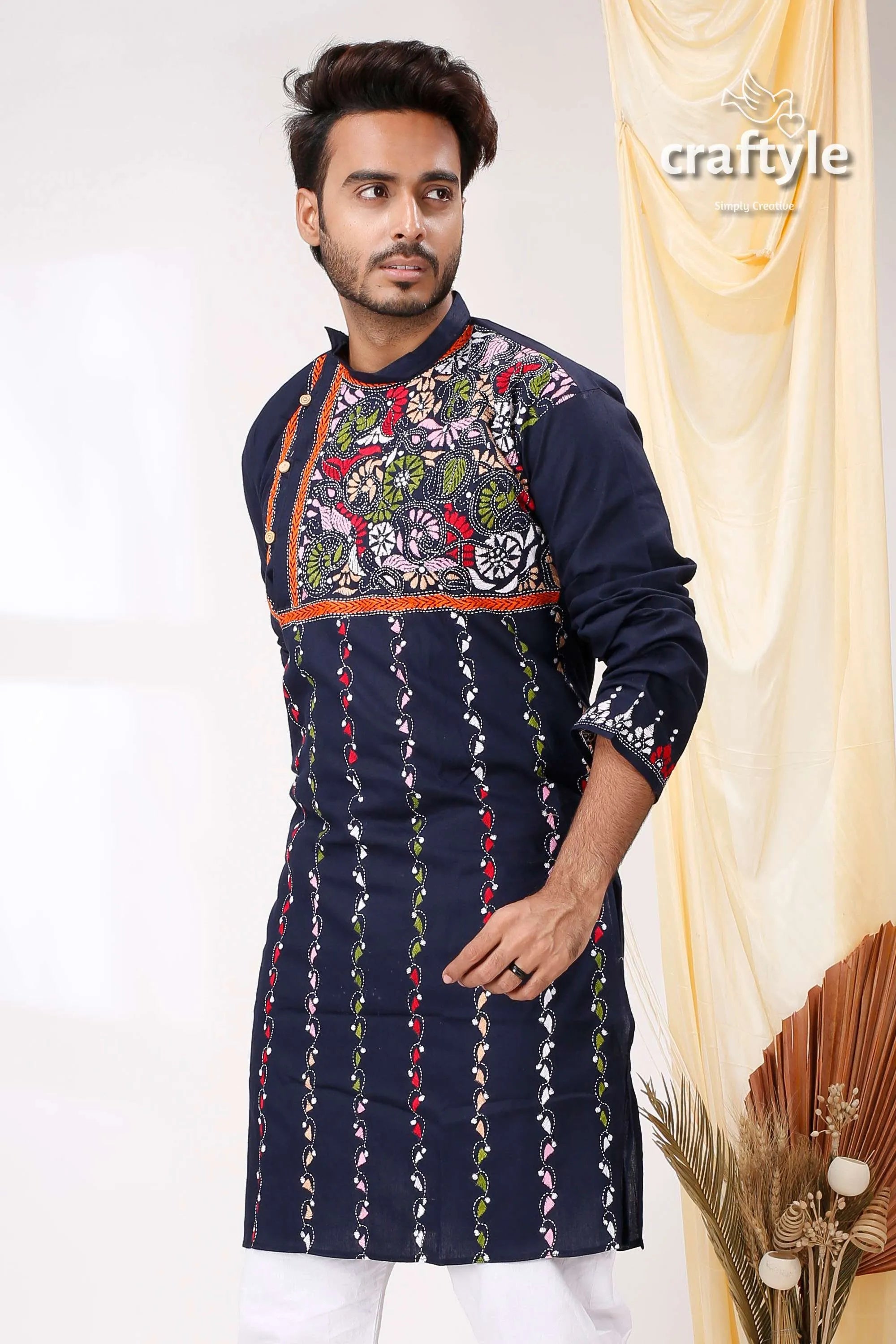 Biscay blue multithread hand embroidered kantha mens kurta navy 2