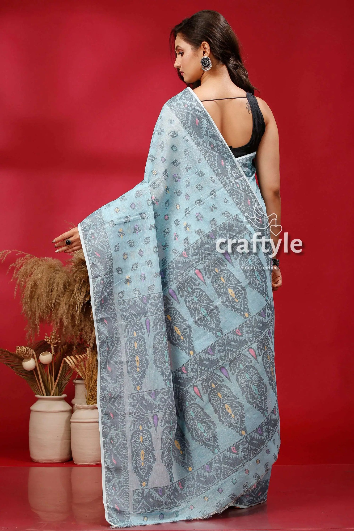 Bizzard blue premium bengal cotton jamdani saree light blue saree intricate patterns 5