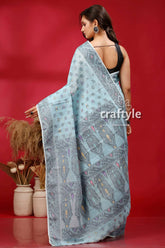 Bizzard blue premium bengal cotton jamdani saree light blue saree intricate patterns 5