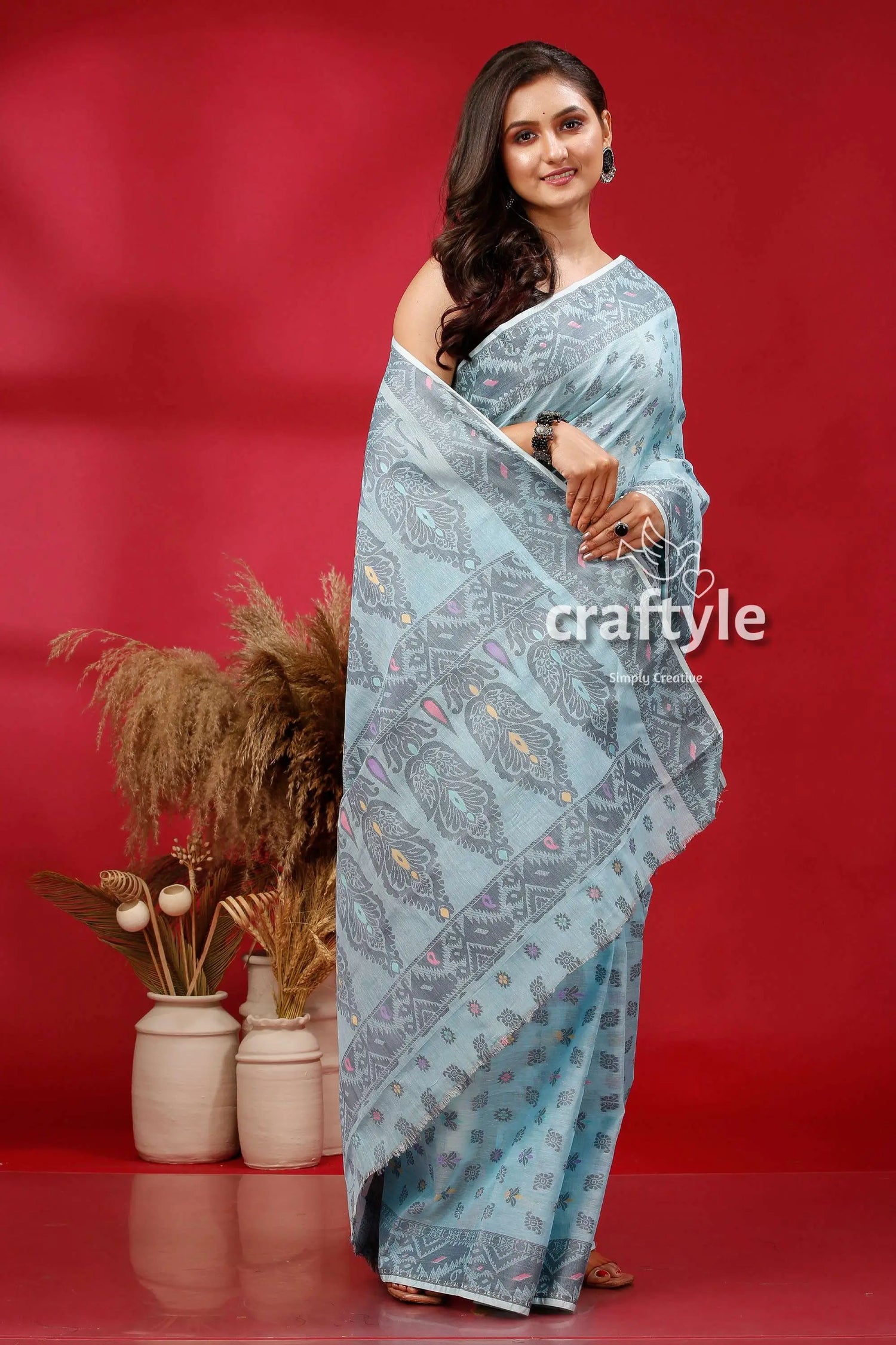 Bizzard blue premium bengal cotton jamdani saree woman light blue patterned saree 4