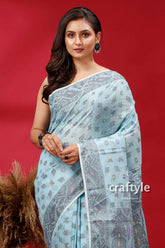 Bizzard blue premium bengal cotton jamdani saree light blue patterned saree 2