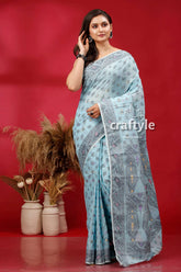 Bizzard blue premium bengal cotton jamdani saree light blue patterned saree 1