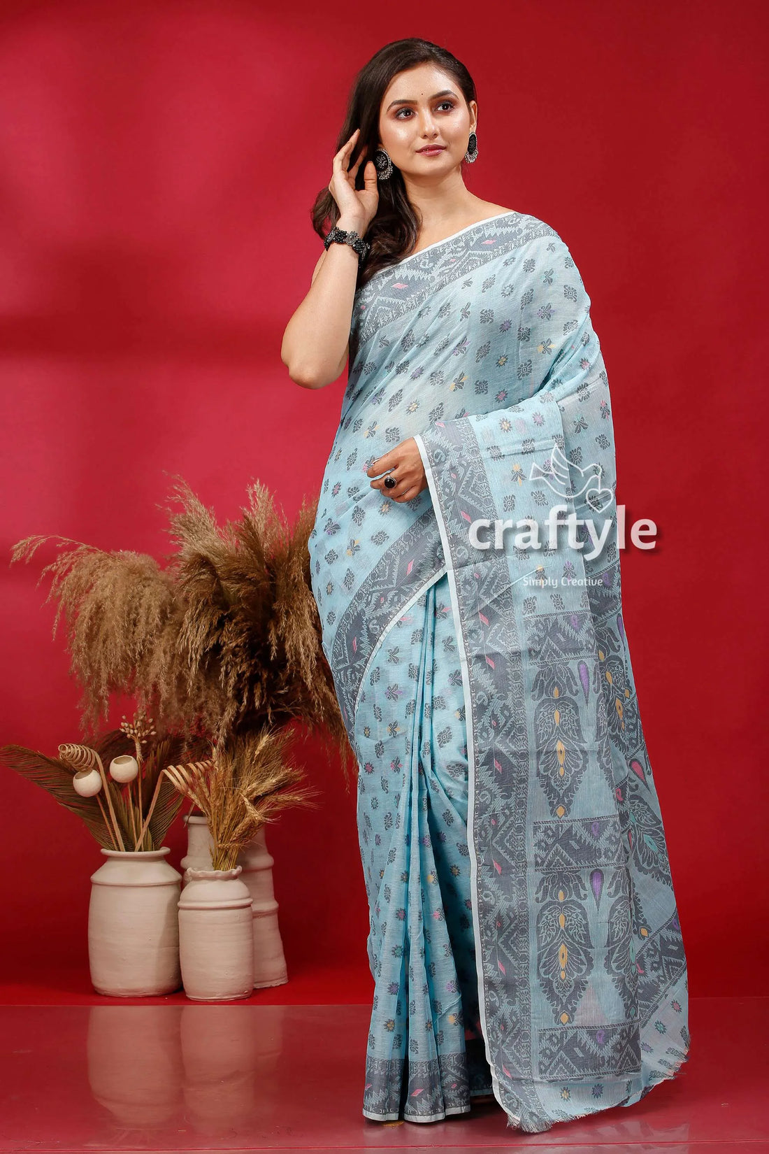 Bizzard blue premium bengal cotton jamdani saree light patterned 1