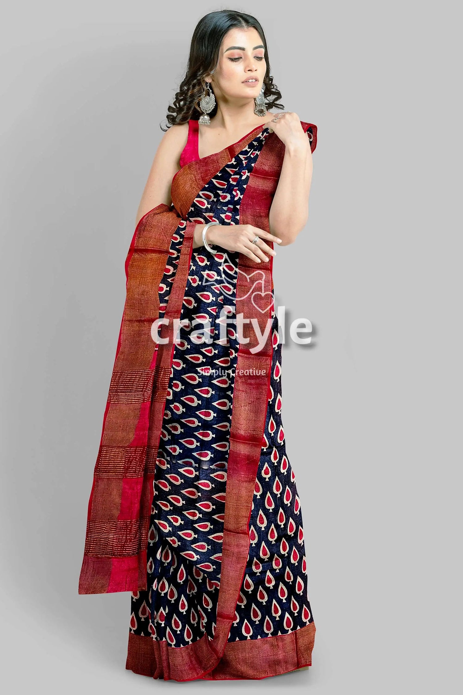 Black and red hand block printed pure tussar silk saree with zari border woman patterned saree 2