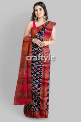 Black and red hand block printed pure tussar silk saree with zari border woman patterned saree 3